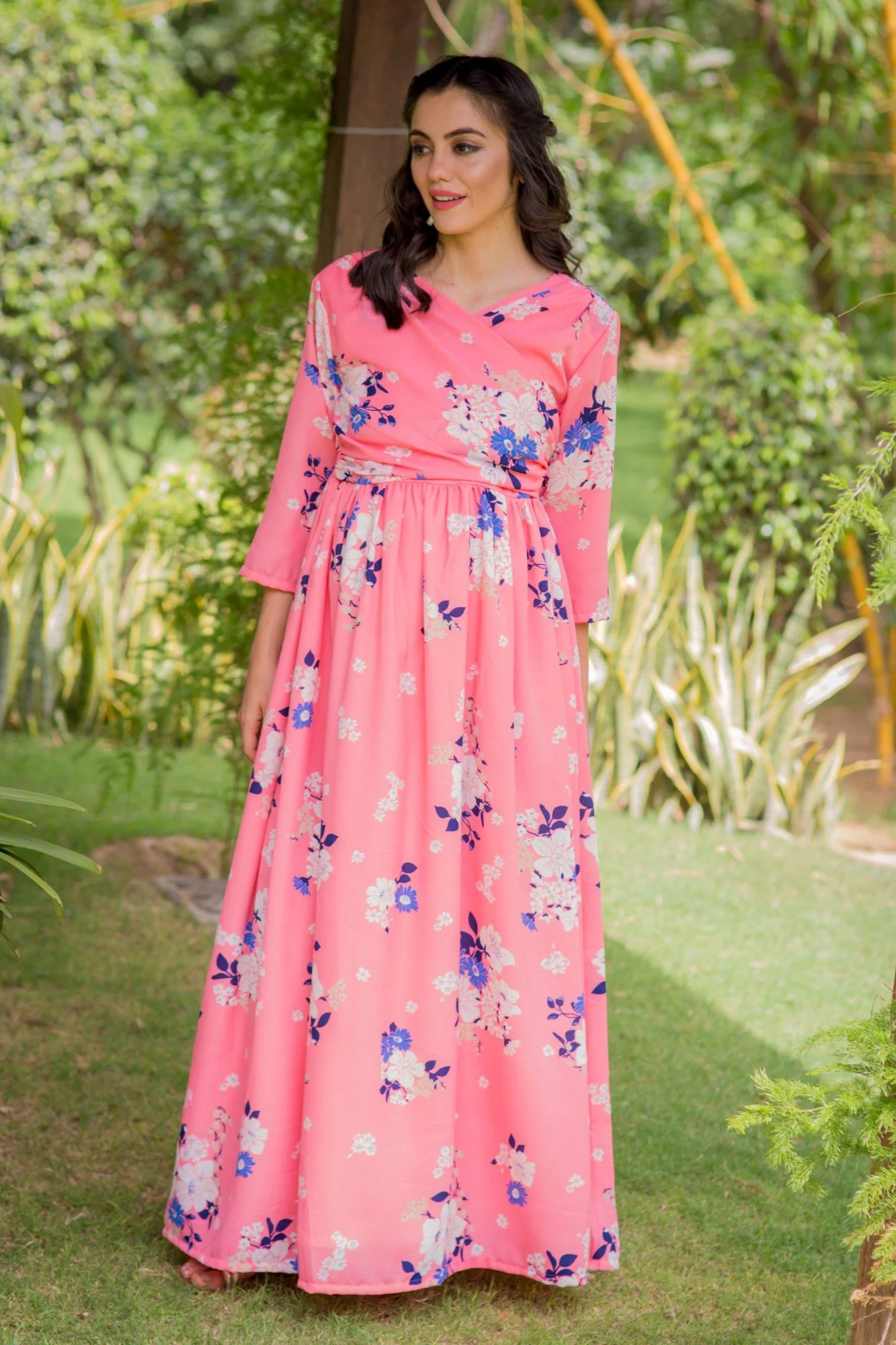 Plush Pink Floral Maternity & Nursing Crepe Wrap Dress - Chenance