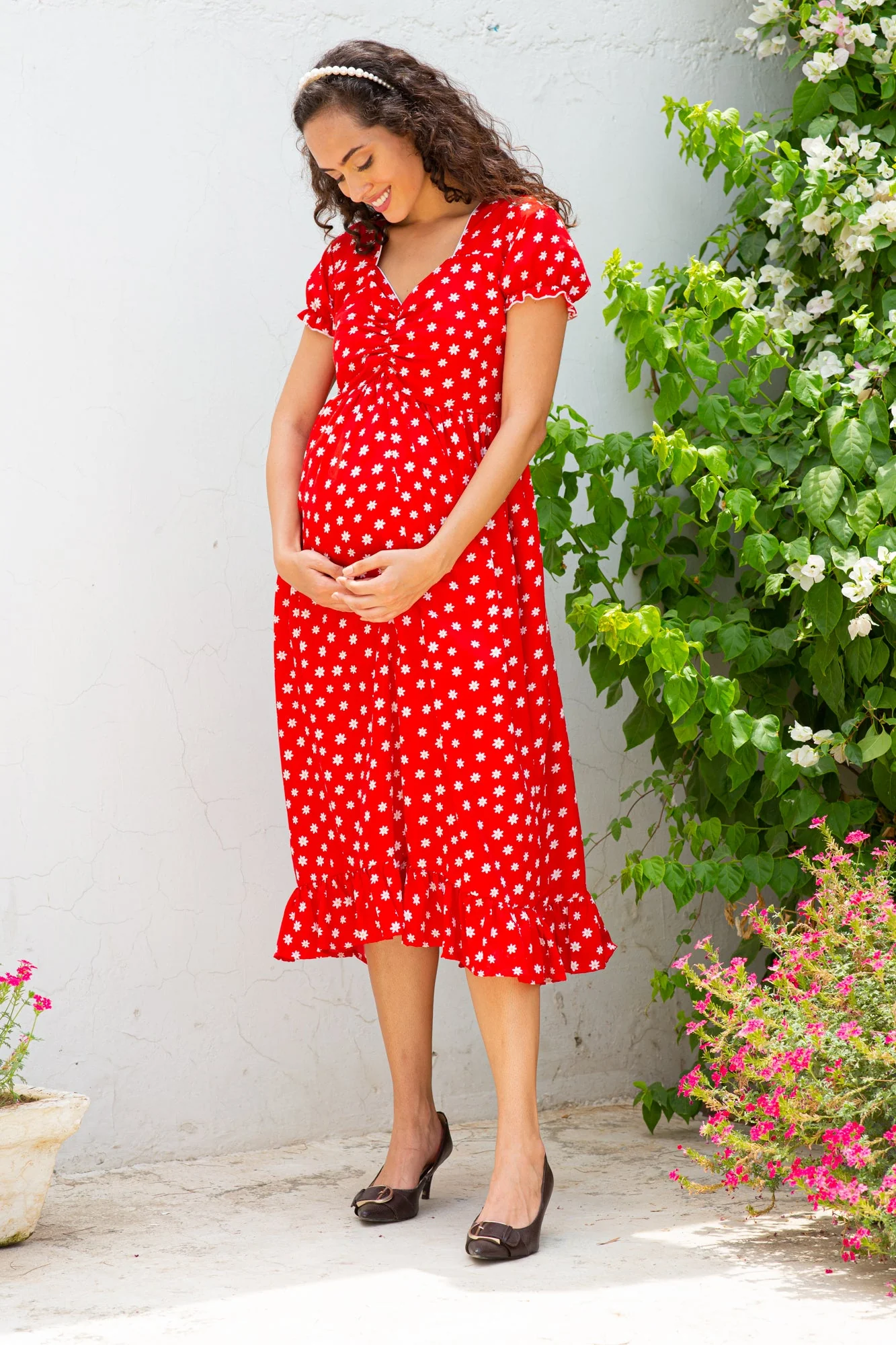 Pretty Crimson Sprinkle Maternity Dress - Chenance