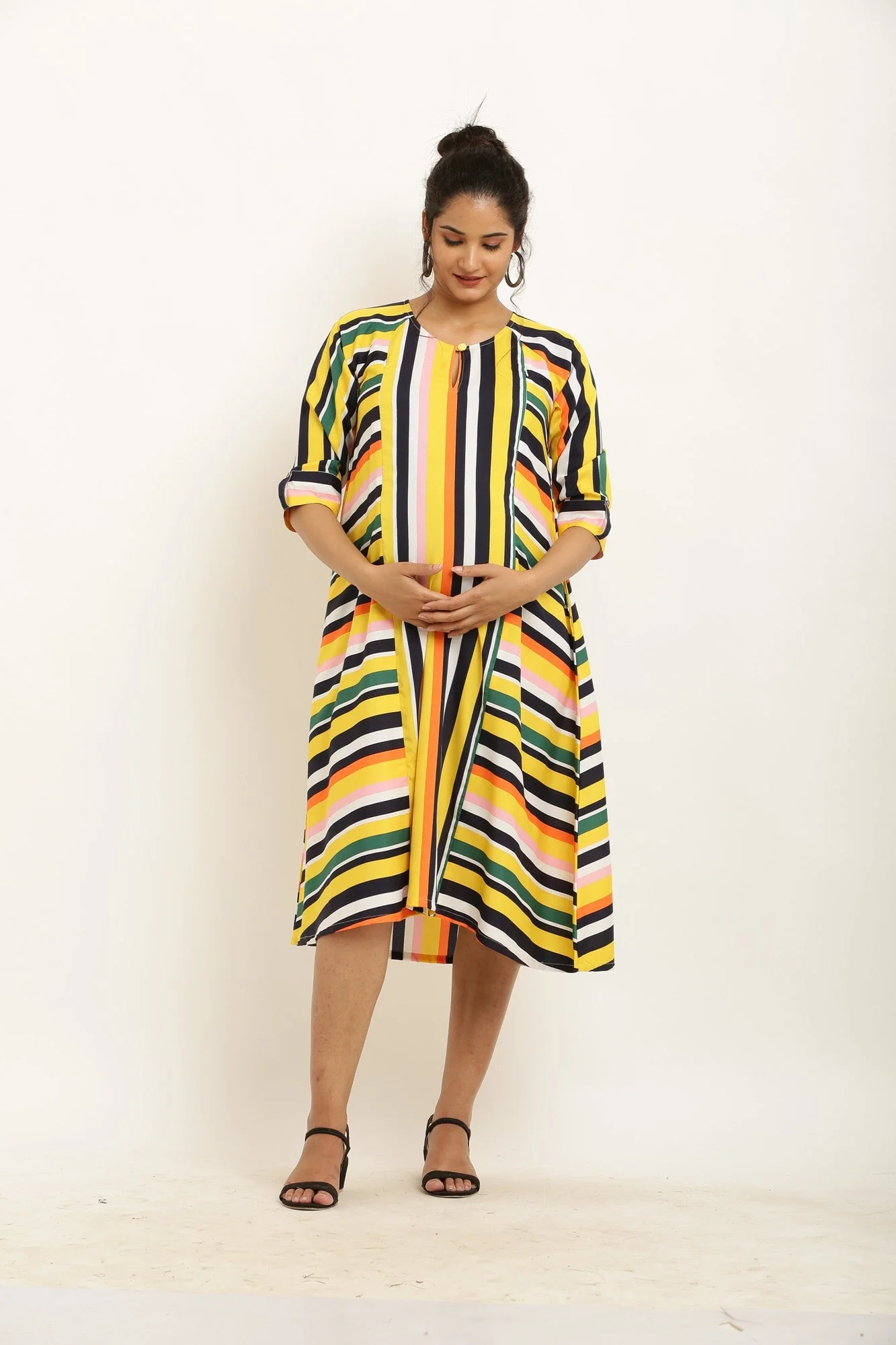 Vivacious Colorful Striped Maternity & Nursing Dress - Chenance
