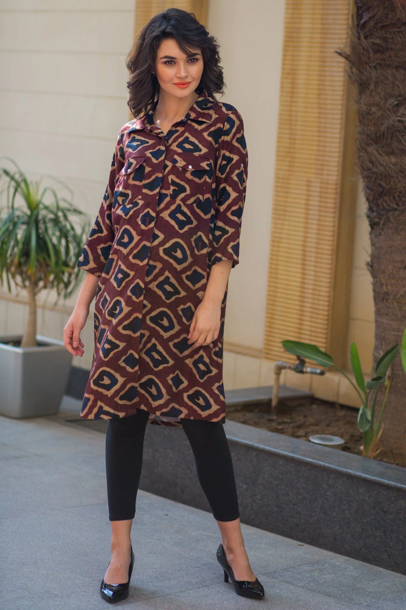 Earthy Geometrical Printed Maternity & Nursing Shirt Dress - Chenance