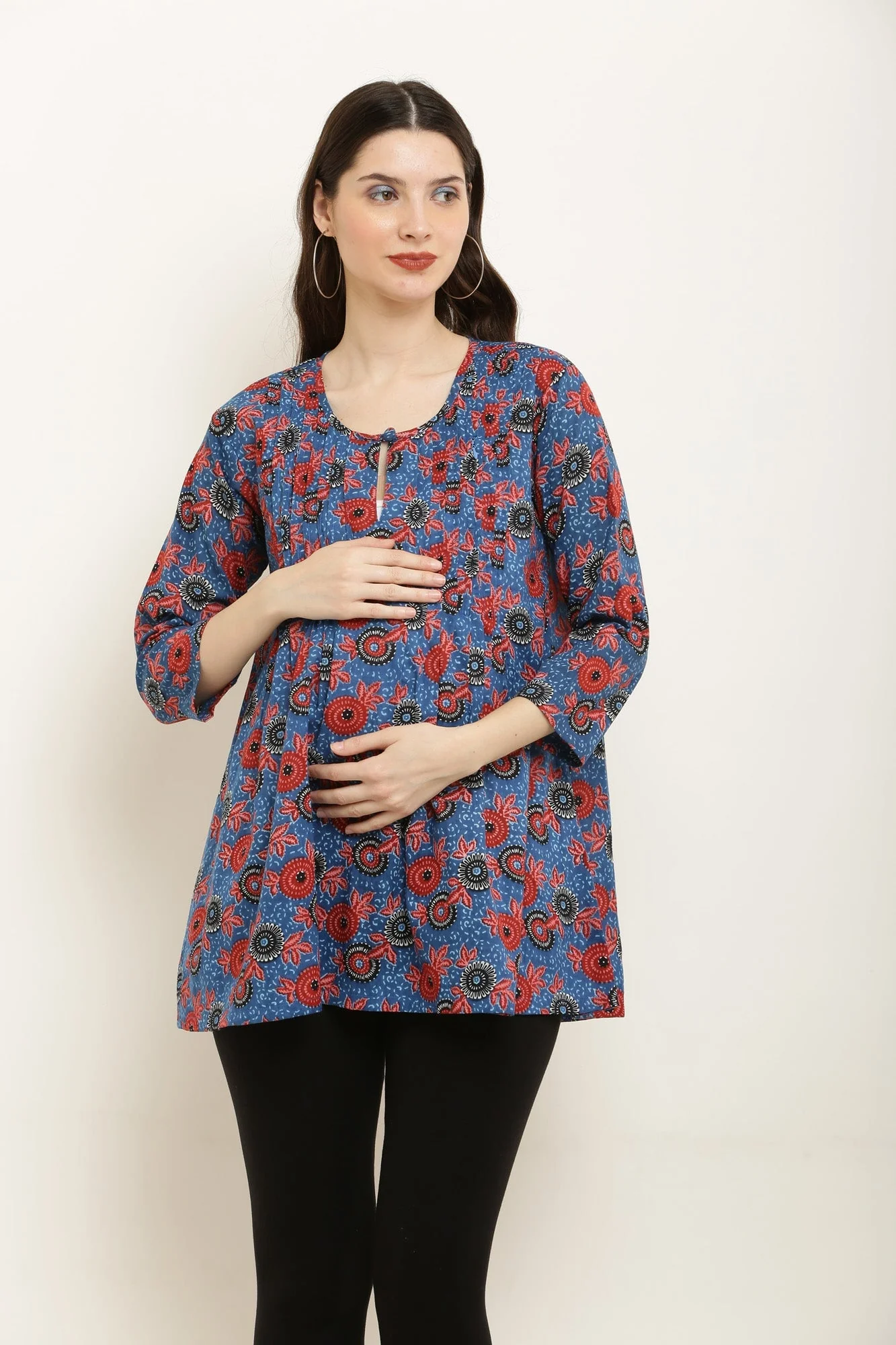 Dreamy Blue Bloom Maternity & Nursing Pintucks Top (100% Cotton) - Chenance
