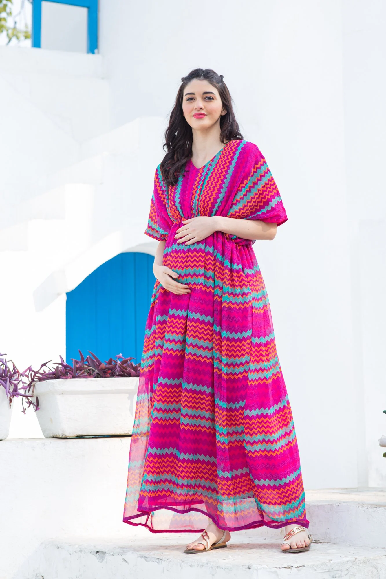 Joyful Rainbow Striped Maternity Kaftan Dress - Chenance