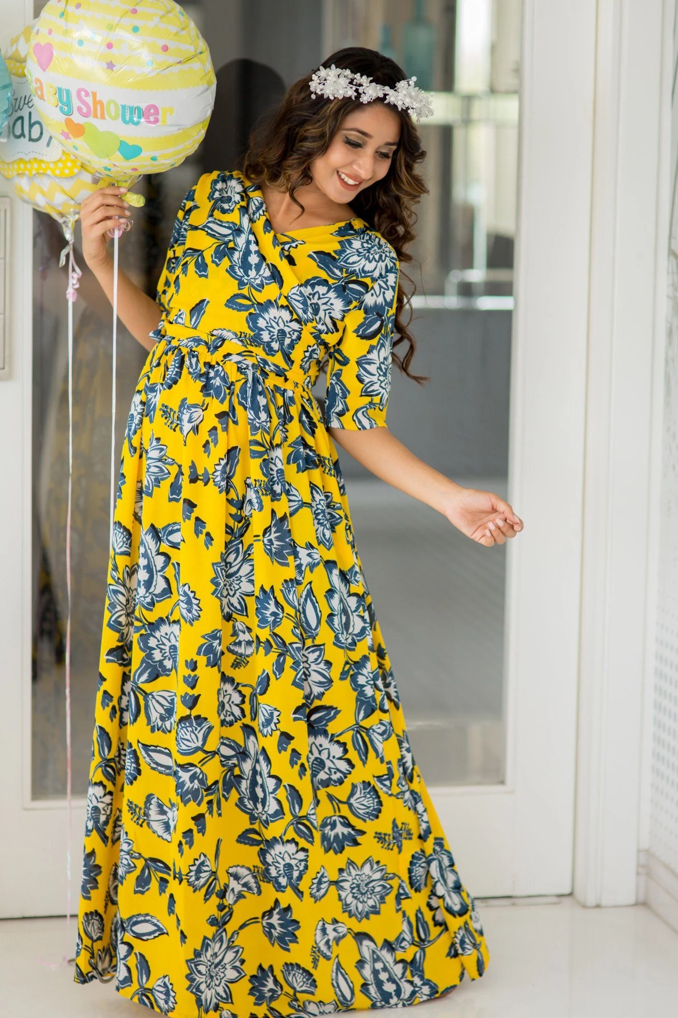 Happy Yellow Floral Maternity & Nursing Wrap Dress - Chenance