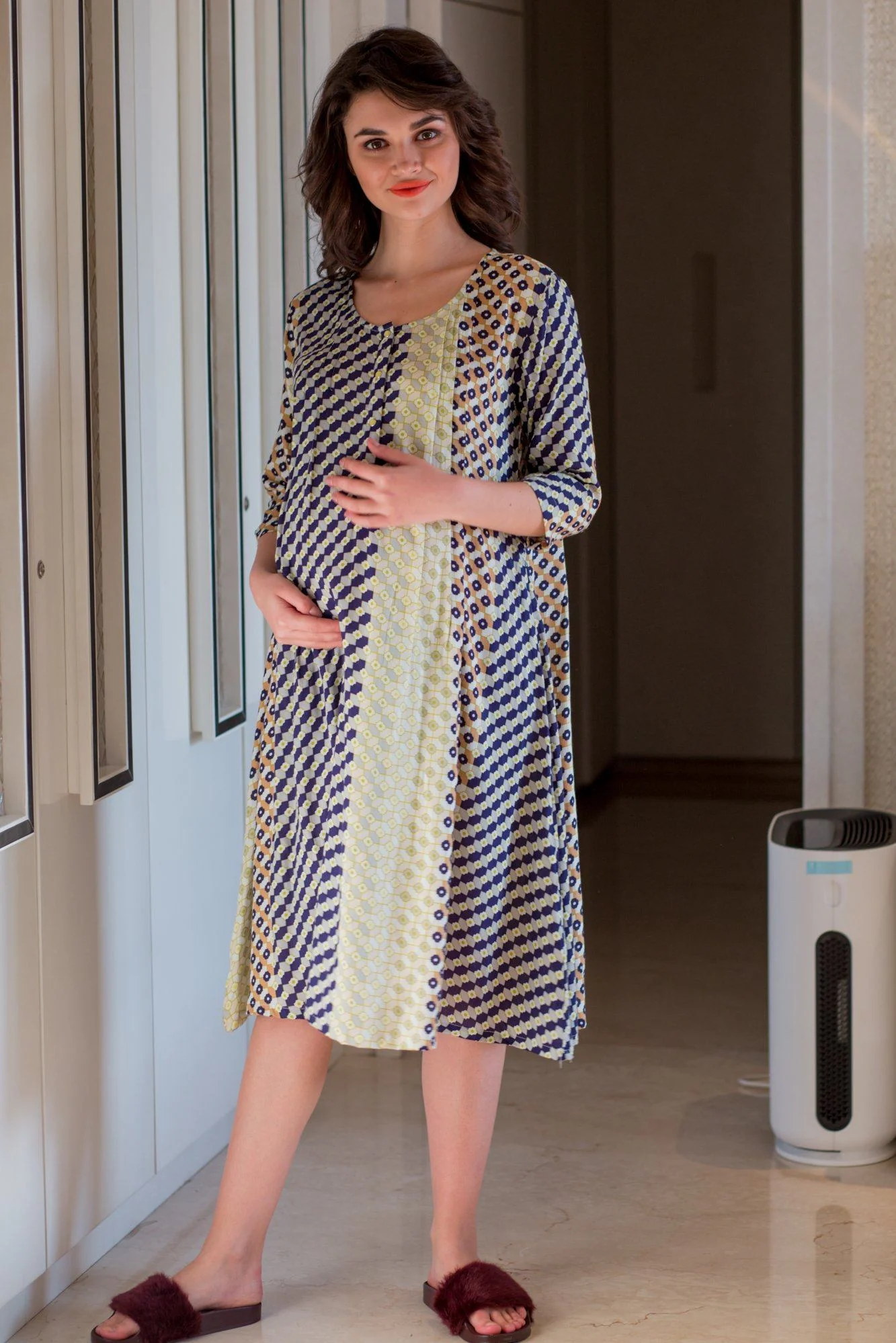 Soothing Patterned Maternity & Nursing Night Dress - Chenance