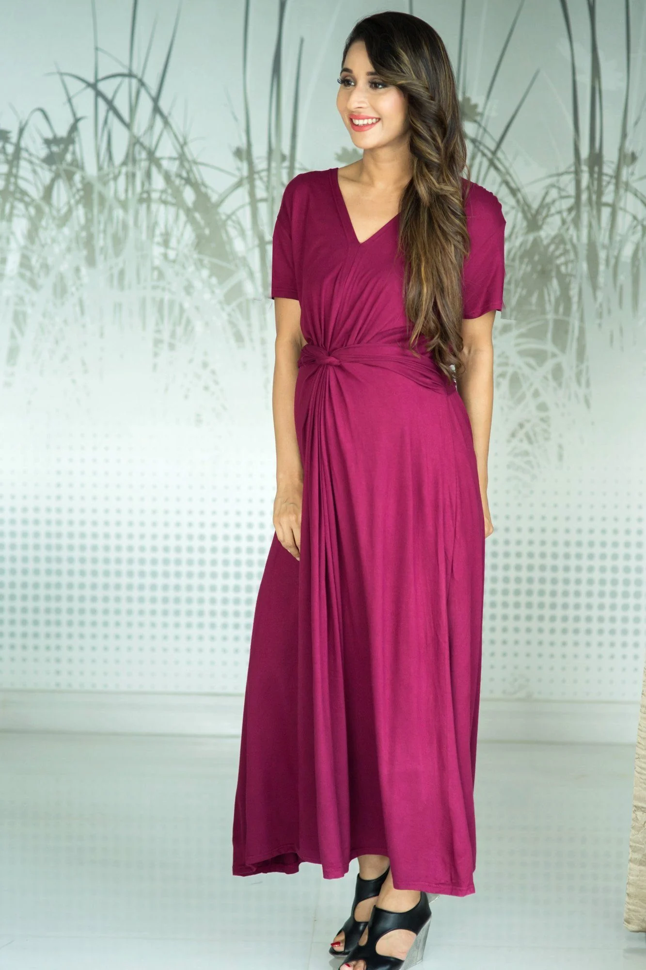 Berry Front Knot Lycra Maternity Dress - Chenance