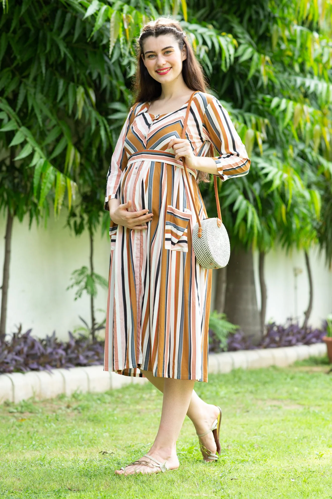Multi Striped Pocket Maternity & Nursing Dress - Chenance