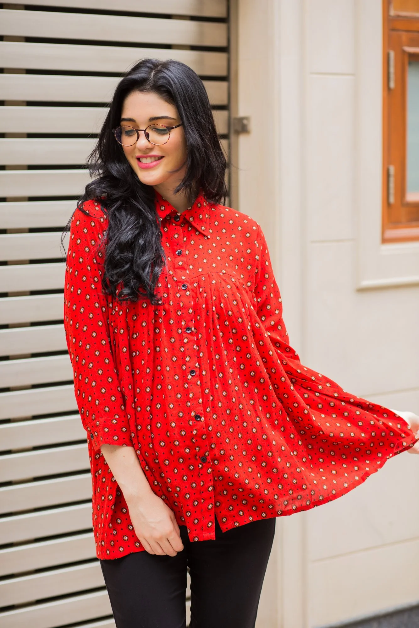 Classic Red Gathered Maternity & Nursing Top - Chenance