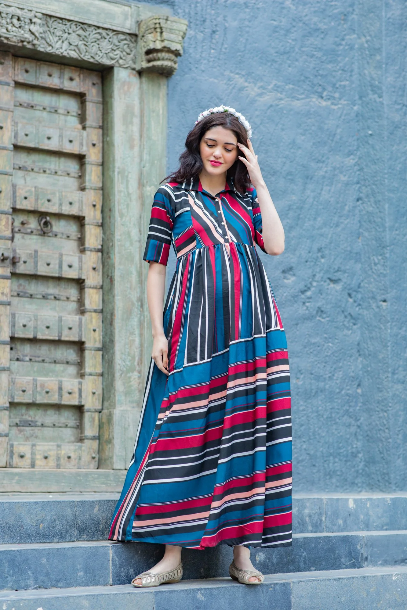 Royal Multicolor Striped Maternity & Nursing Dress - Chenance