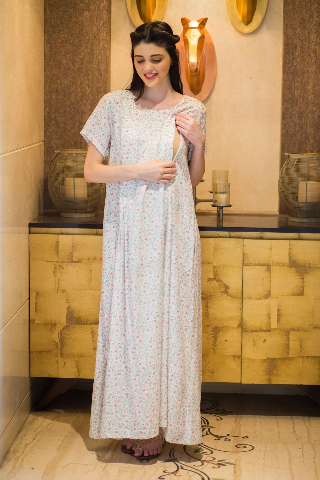 Fresh White Maternity & Nursing Concealed Zips Night Dress - Chenance