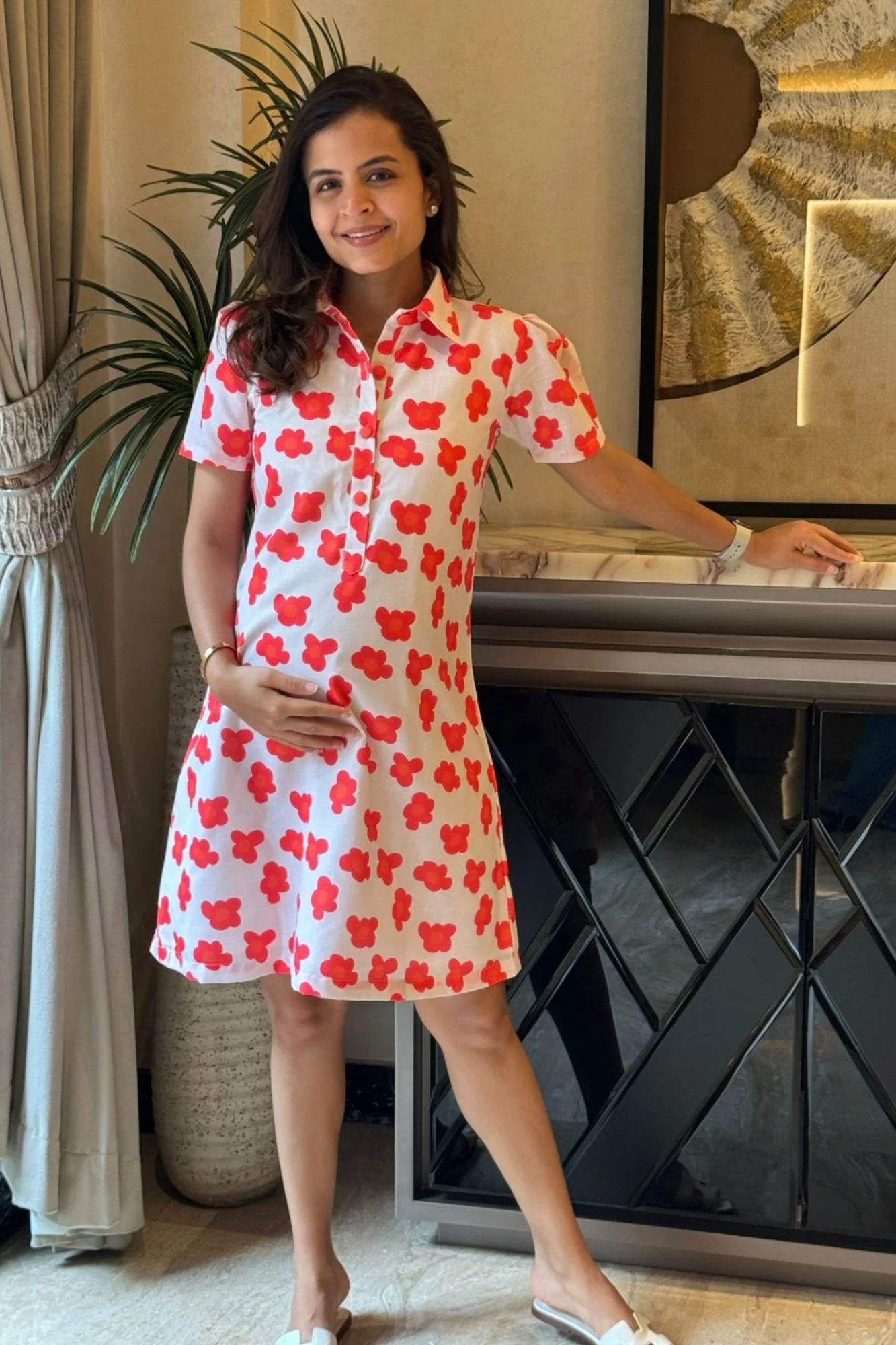 Cute Red Love Maternity & Nursing Linen Shirt Dress - Chenance