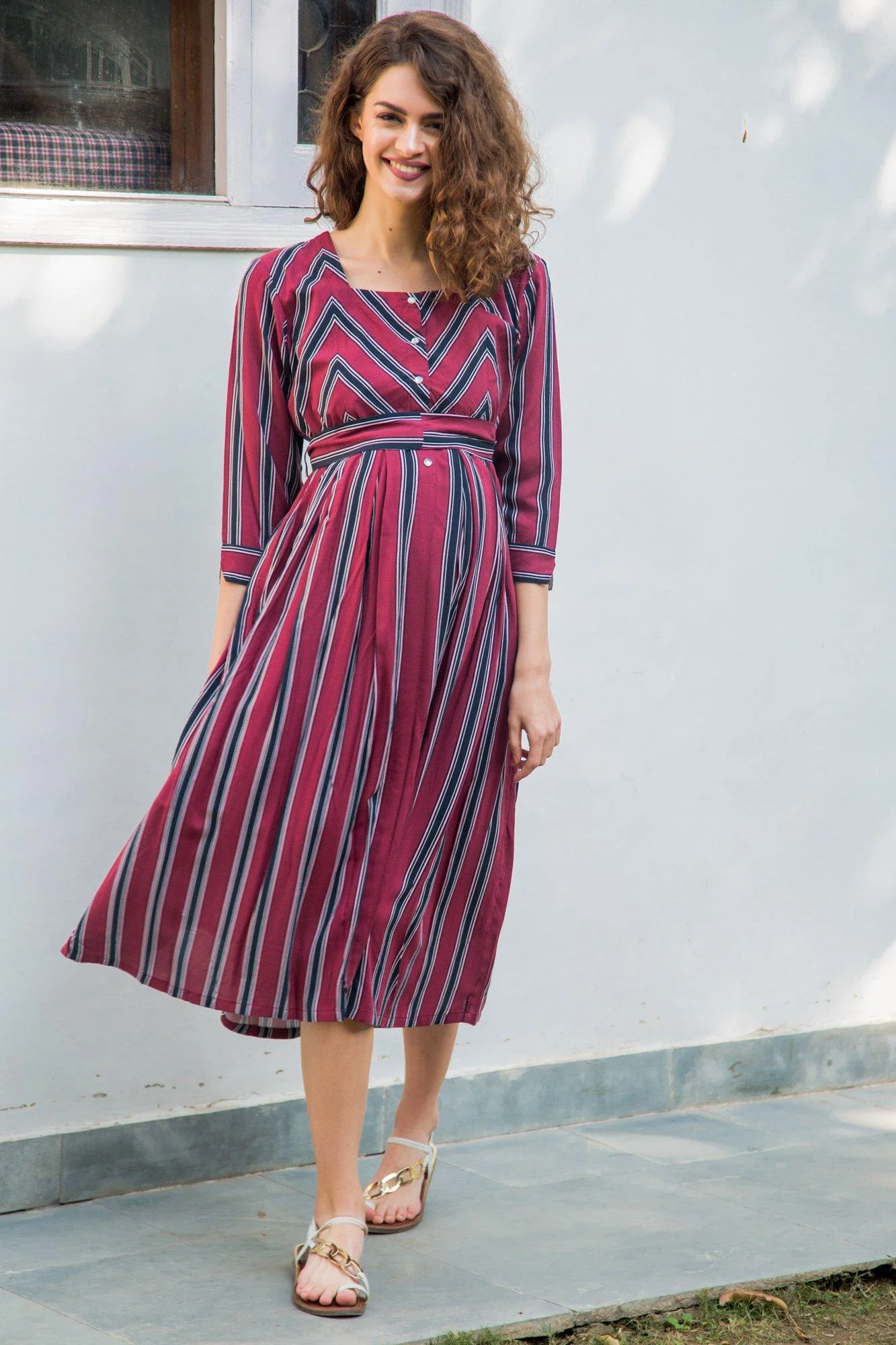 Maroon Striped Pocket Maternity & Nursing Dress - Chenance