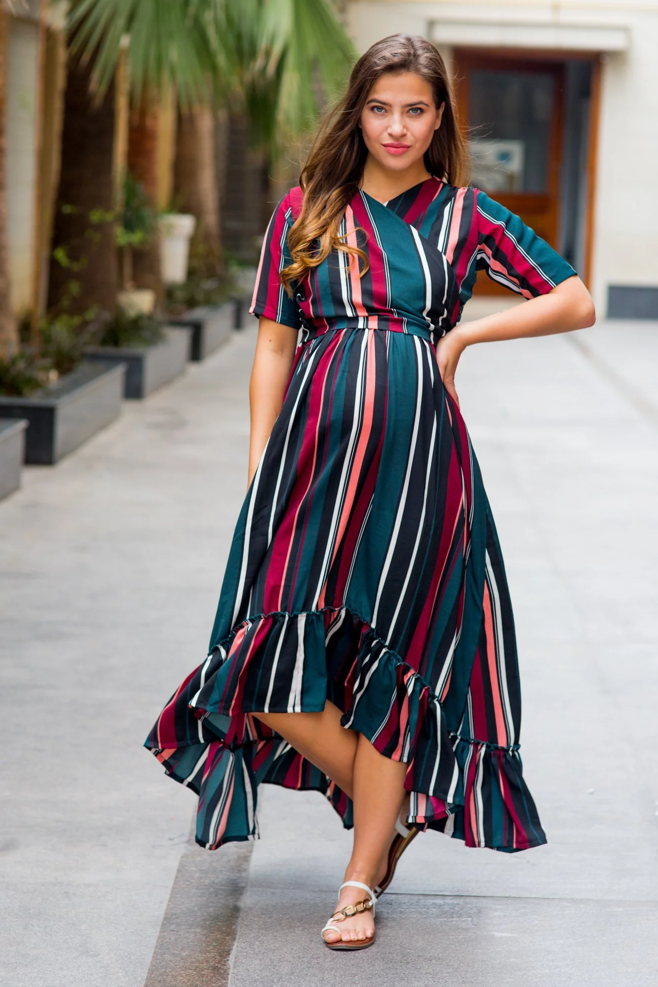 Royal Multi Striped Maternity & Nursing Wrap Dress - Chenance