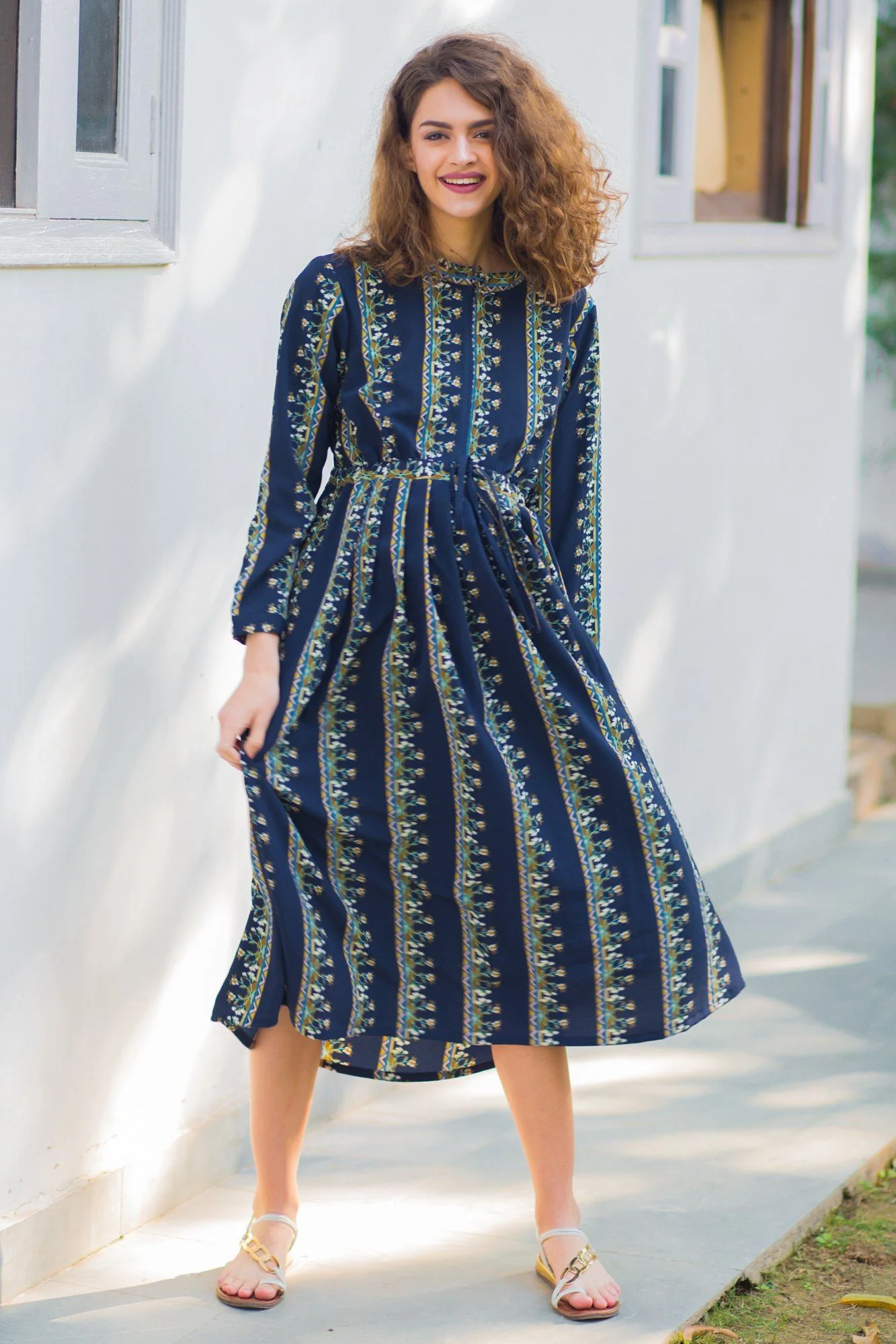 Classy Navy Floral Striped Maternity & Nursing Dress - Chenance