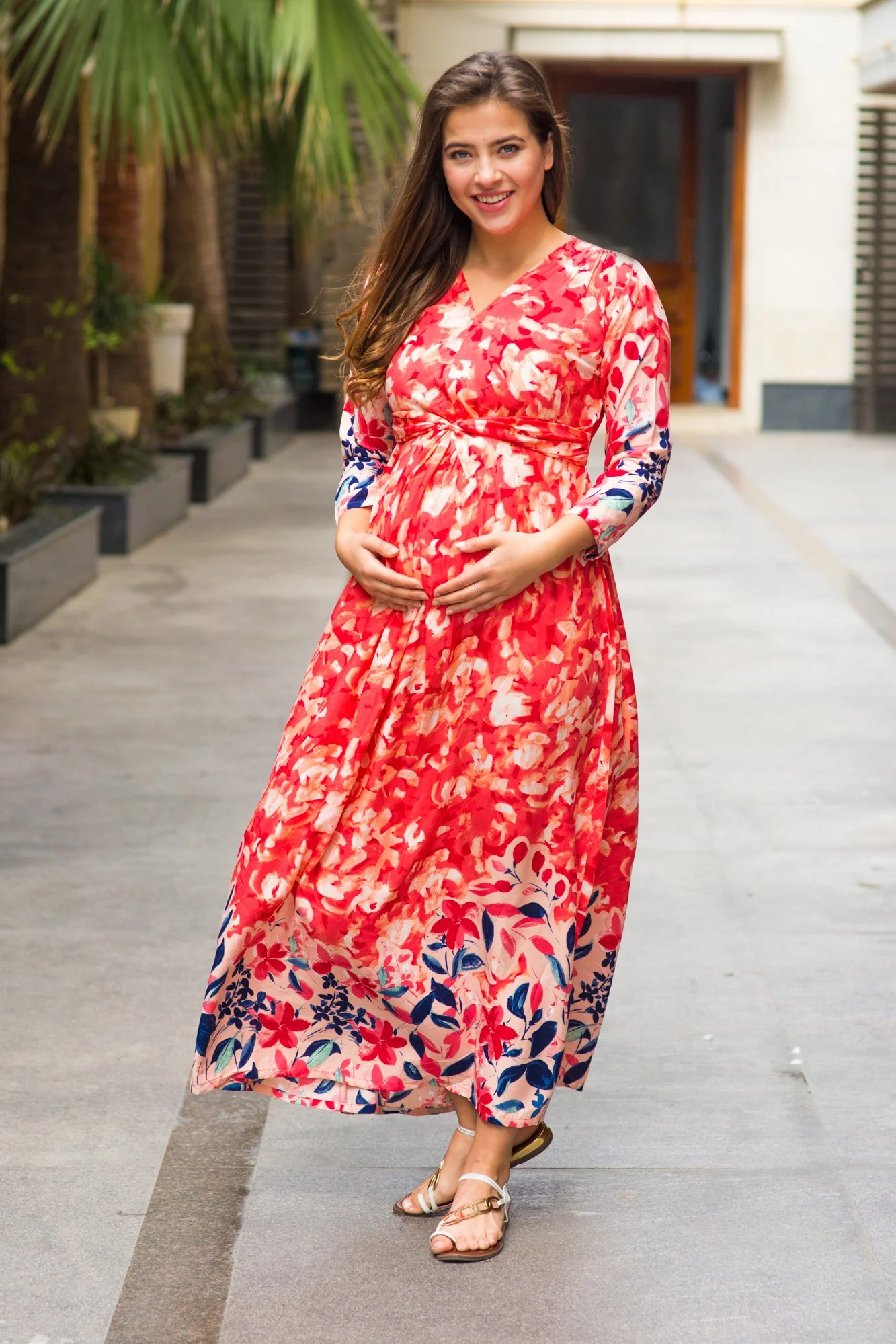 Peachy Blossom Ombre Maternity Knot Dress - Chenance