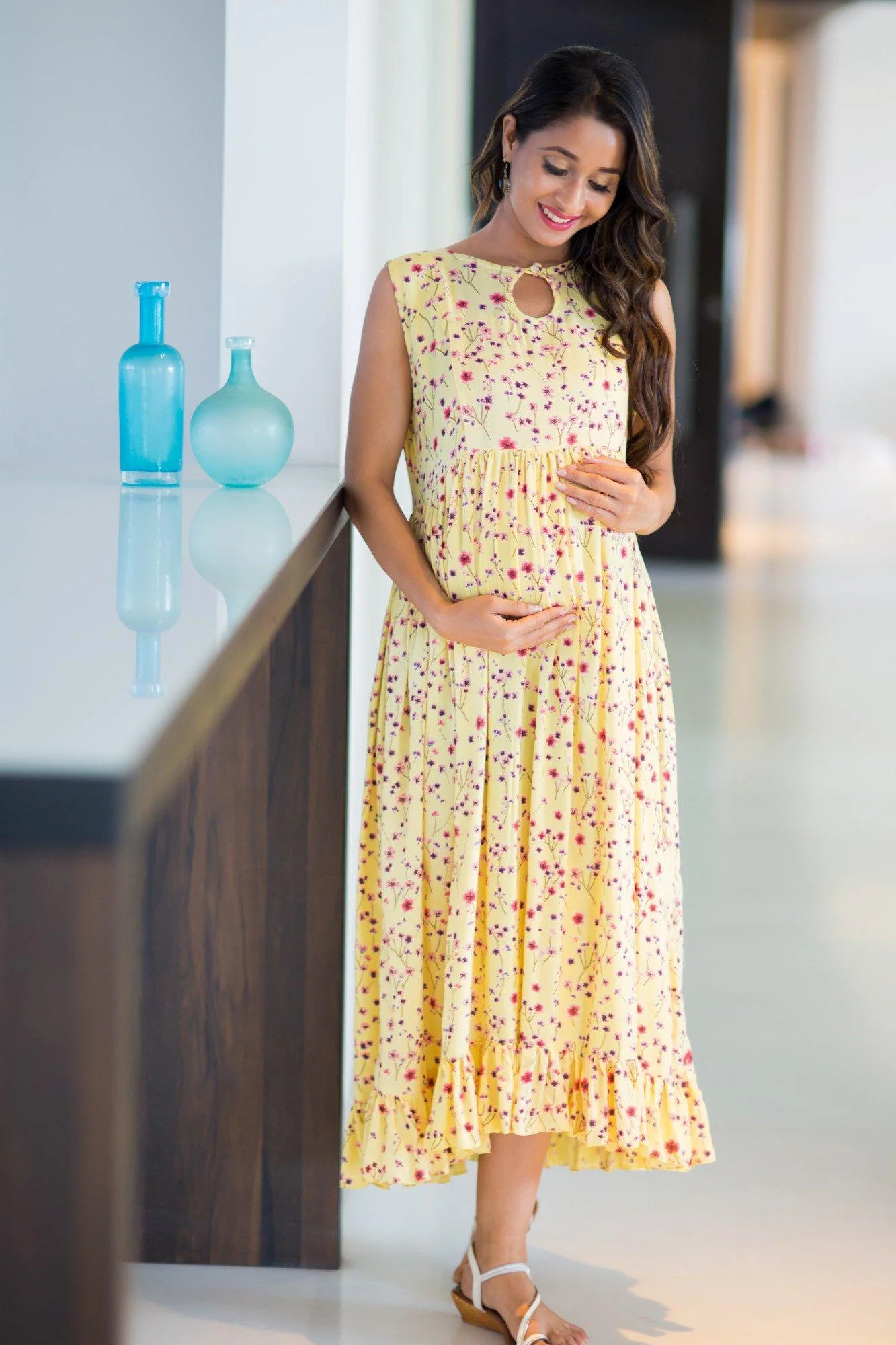 Happy Yellow Frill Concealed Zips Nursing Dress - Chenance