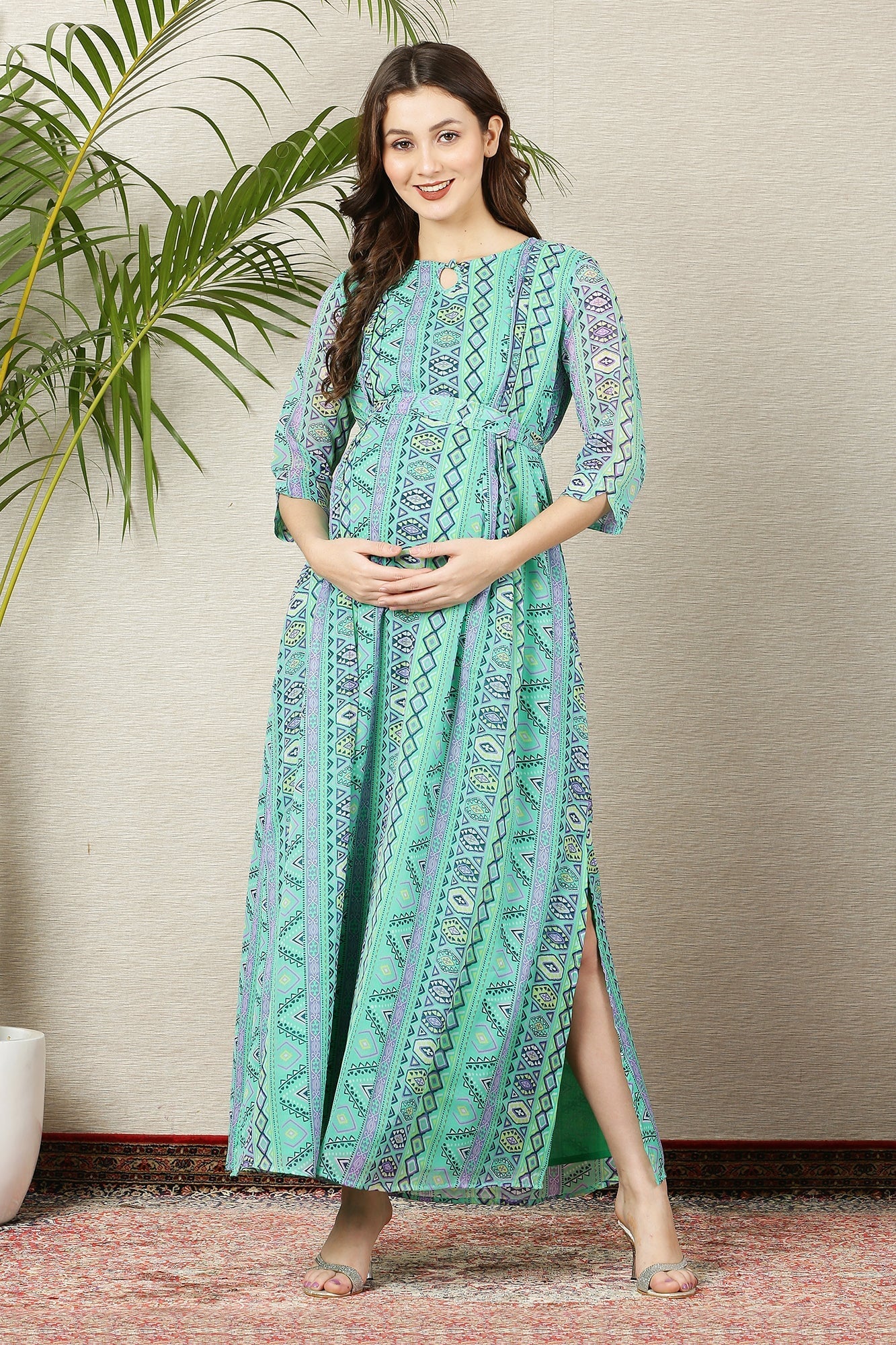 Apple Green Floral Side Slit Maternity & Nursing Dress - Chenance