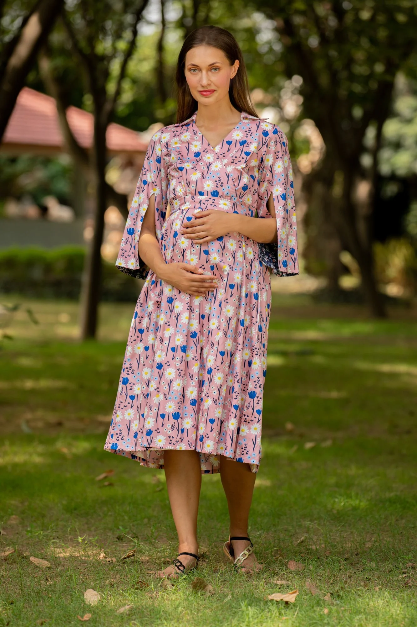 Carolina Pink Floral Unique Sleeves Maternity & Nursing Dress - Chenance