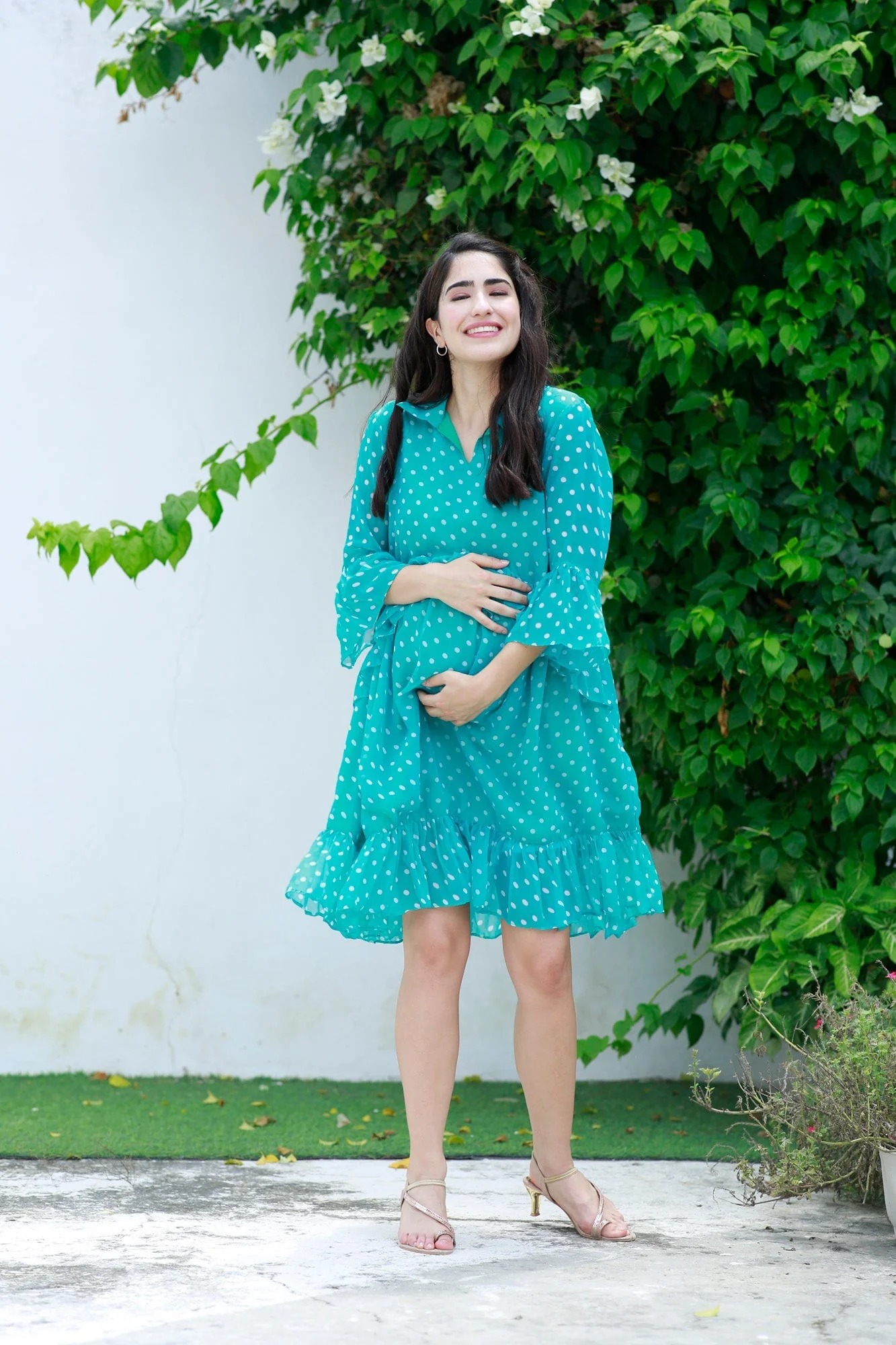 Easy Breezy Sea Green Polka Maternity Knee Frill Dress - Chenance