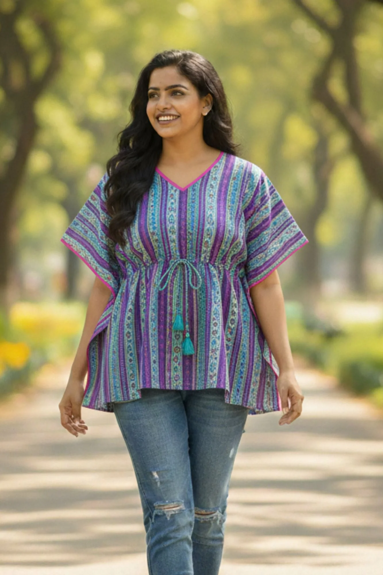 Blue Striped Maternity & Nursing Kaftan Top (100% Cotton) - Chenance