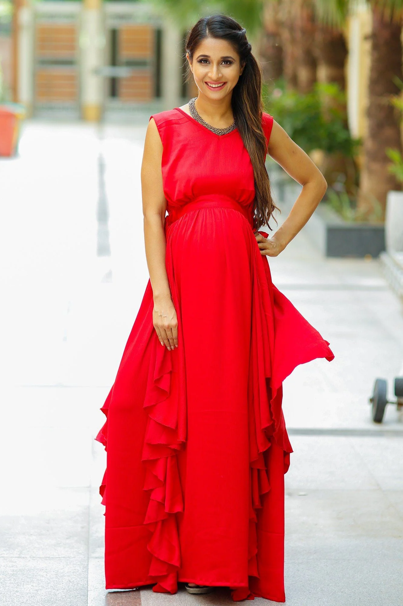 Luxe Candy Red Bubble Georgette Maternity Dress - Chenance