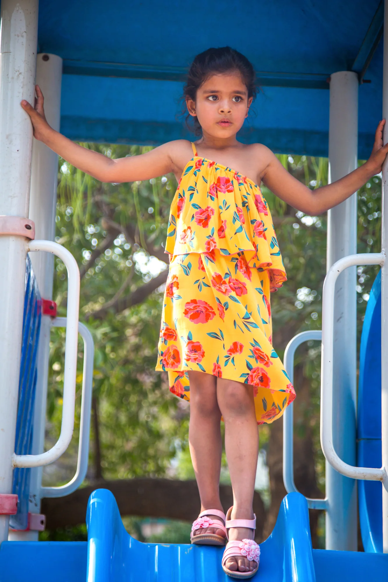 One Shoulder Marigold Floral Dress (1 year to 8 years) - Chenance