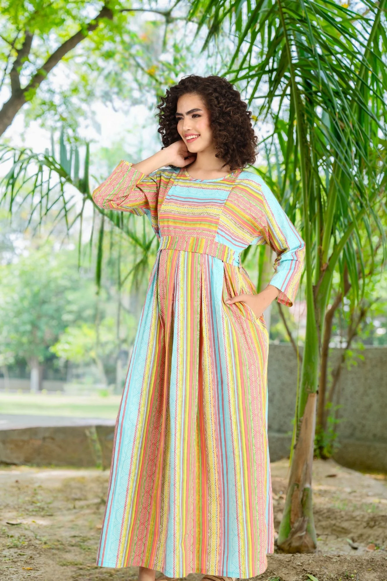 Colorful Pink Maternity & Nursing Maxi Dress (100% Cotton) - Chenance
