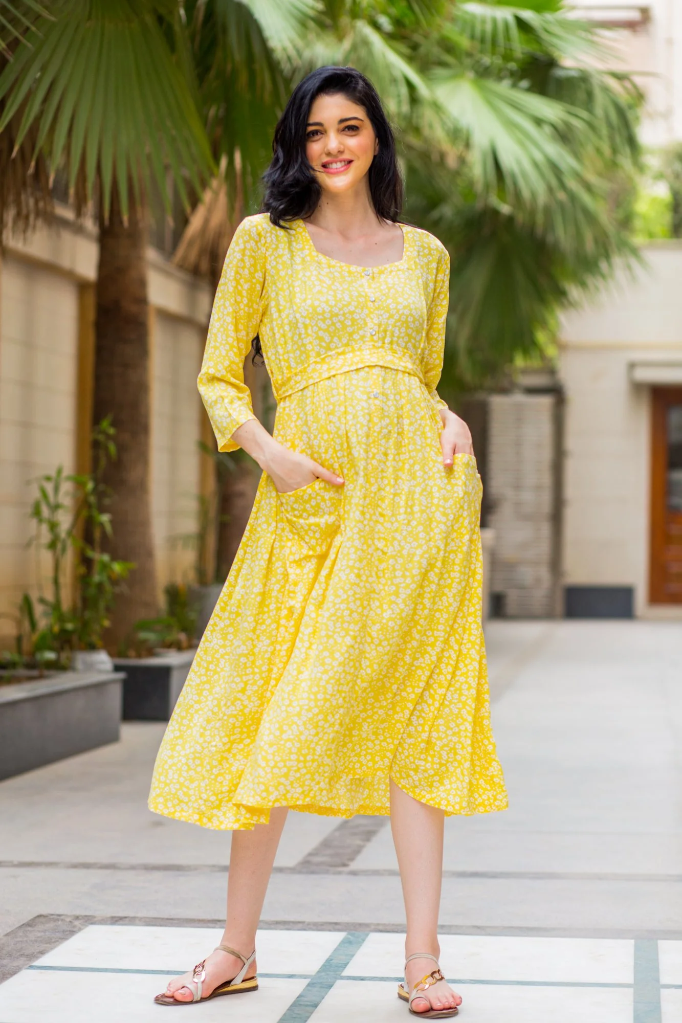 Joyful Yellow Pocket Maternity & Nursing Dress - Chenance