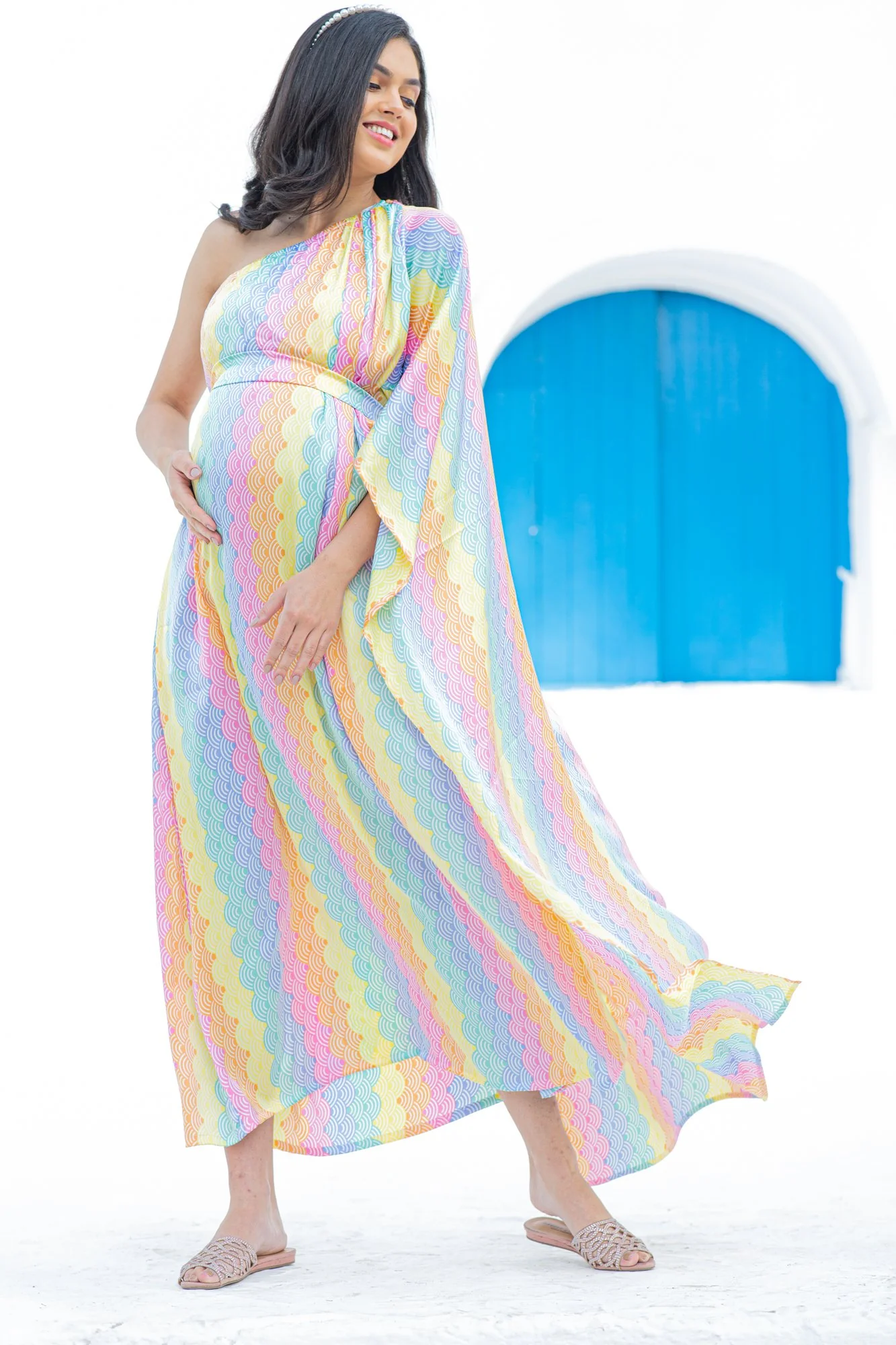 Luxe Rainbow One Shoulder Floral Maternity & Nursing Satin Dress - Chenance