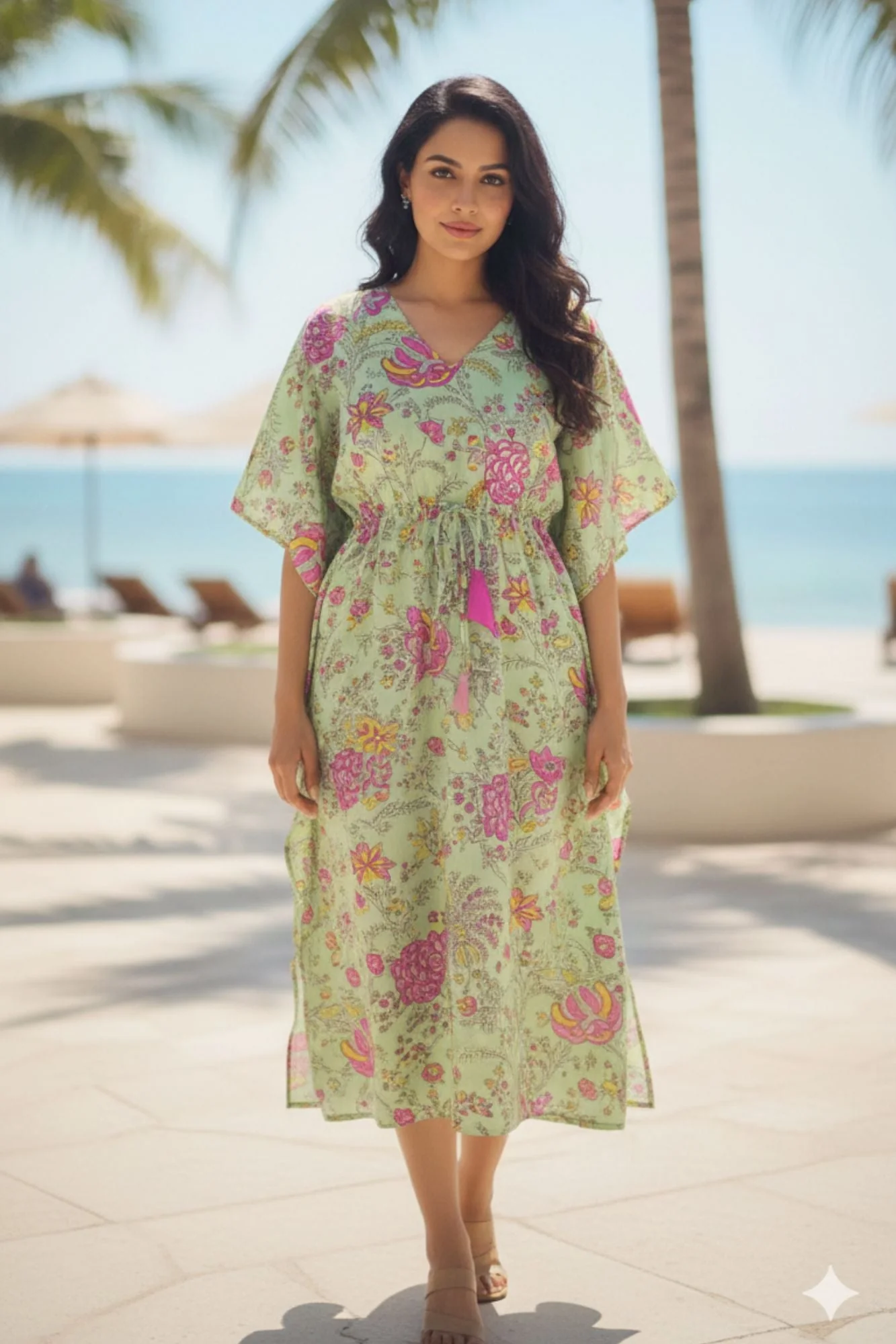 Green Floral Maternity & Nursing Kaftan (100% Cotton) - Chenance