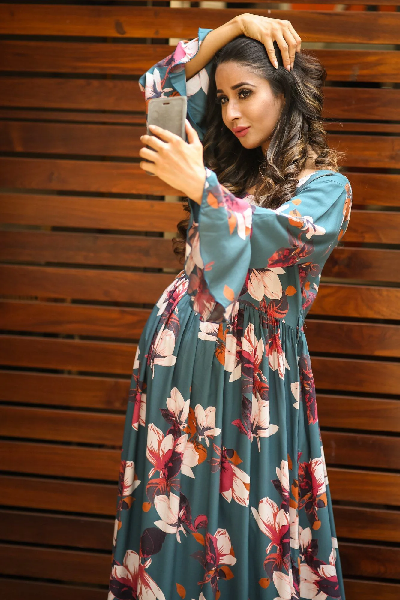 Berry Teal Bell Sleeves Front Zip Maternity & Nursing Maxi - Chenance