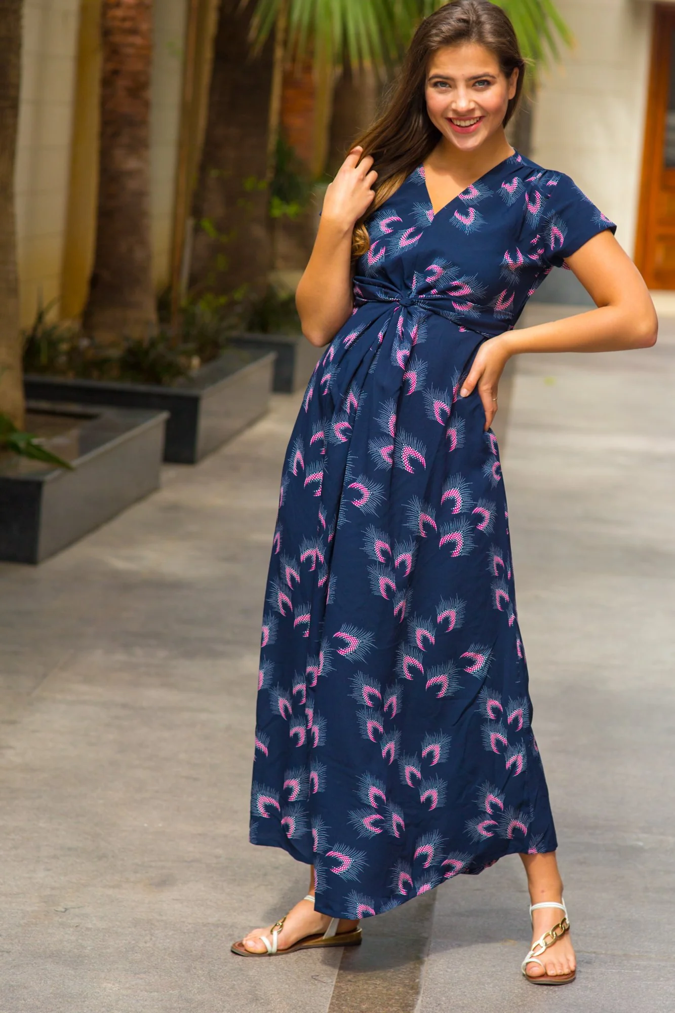 Navy Feather Maternity Knot Dress - Chenance