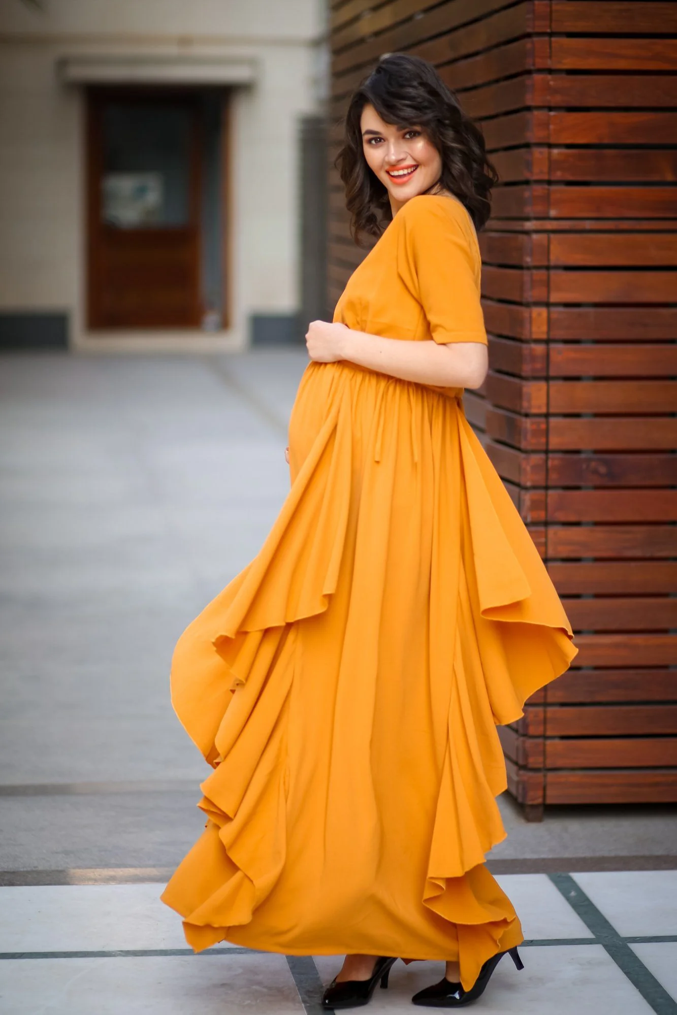 Luxe Mustard Bubble Georgette Elbow Sleeves Maternity Flow Dress - Chenance