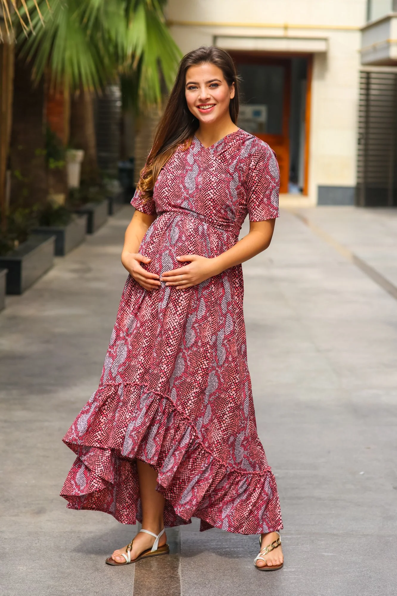 Bubblegum Pink Hi-Low Frill Maternity & Nursing Wrap Dress - Chenance