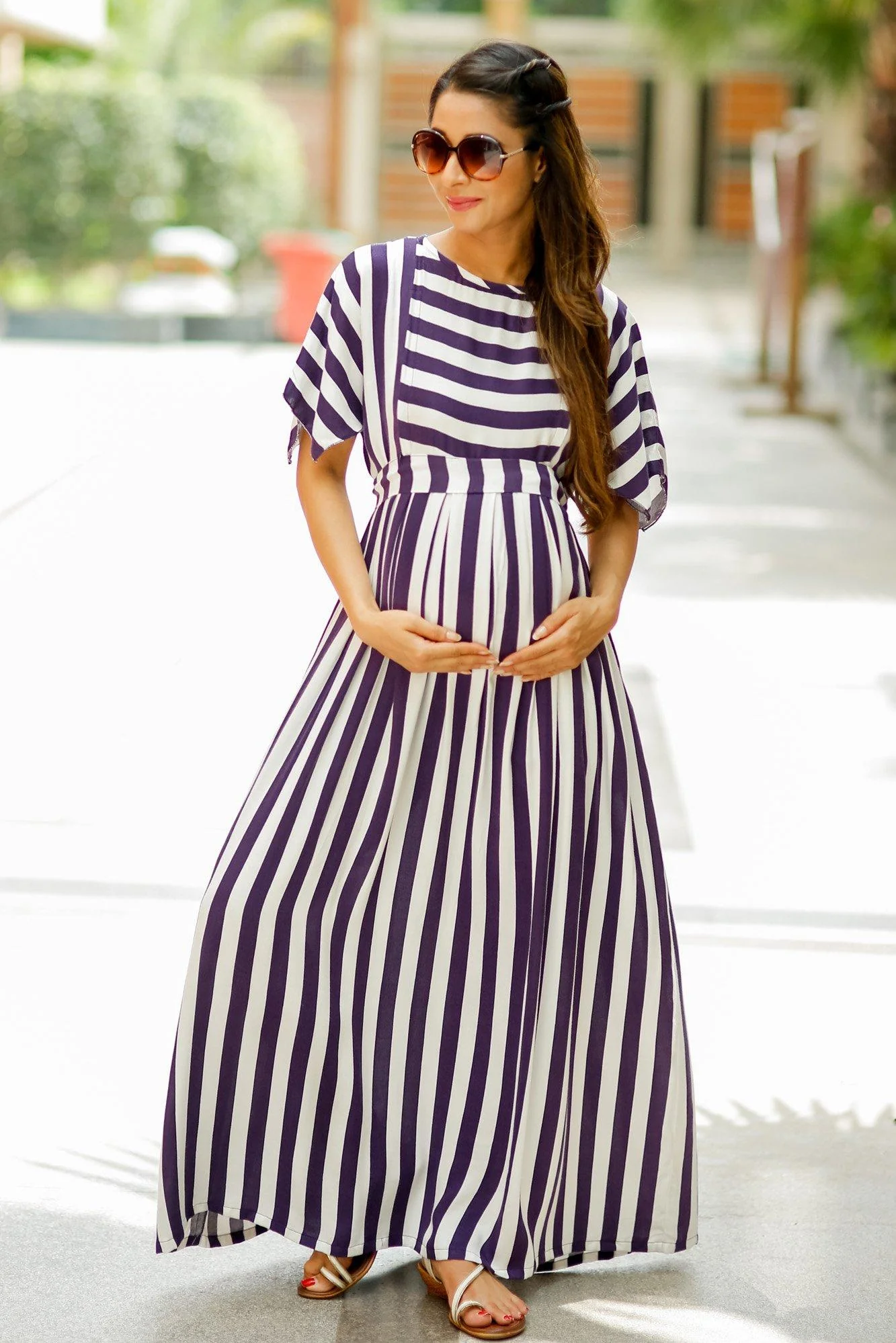 Deep Purple Stripe Maternity & Nursing Maxi - Chenance