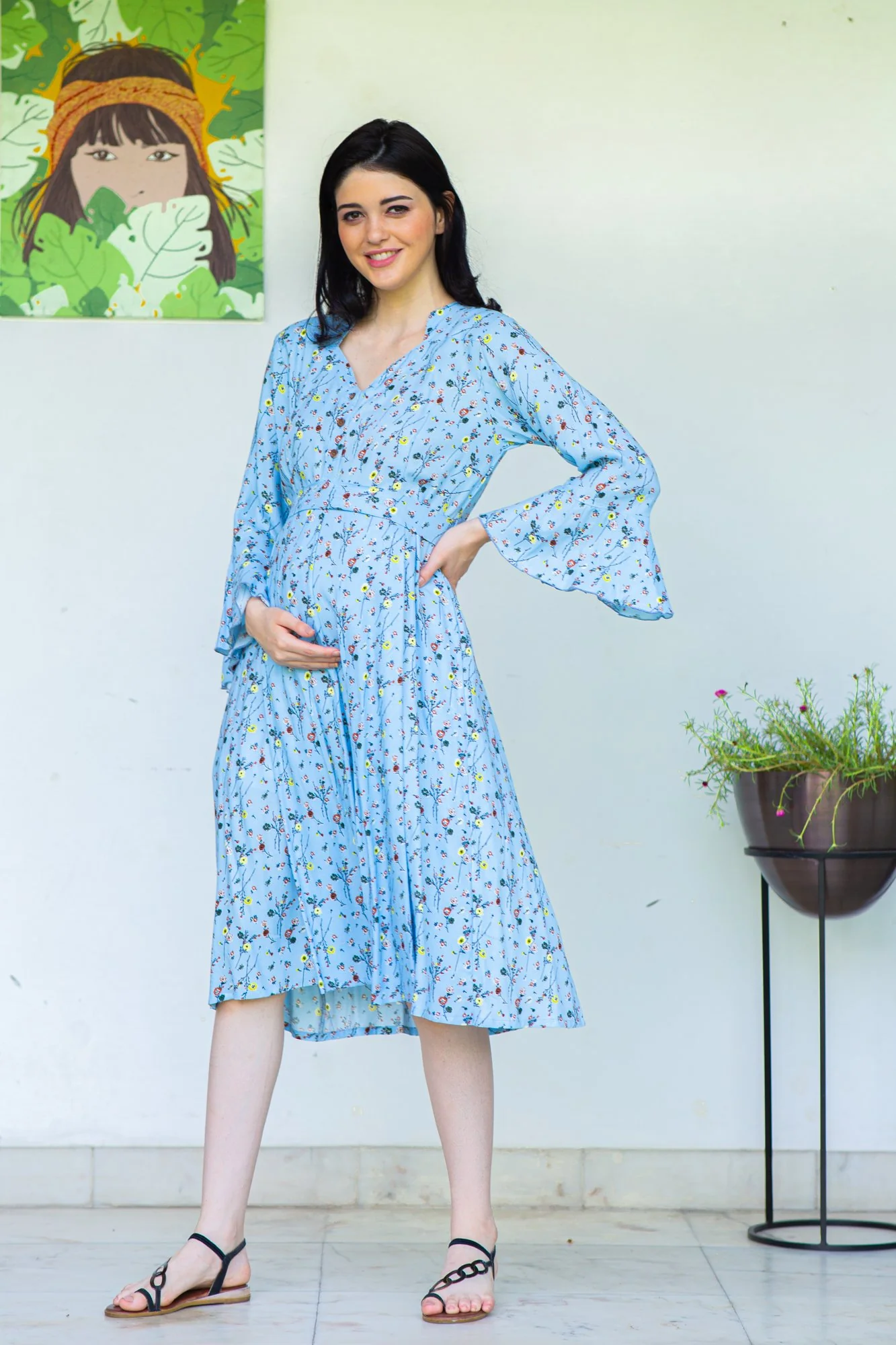 Sky Blue Flair Maternity and Nursing Dress - Chenance