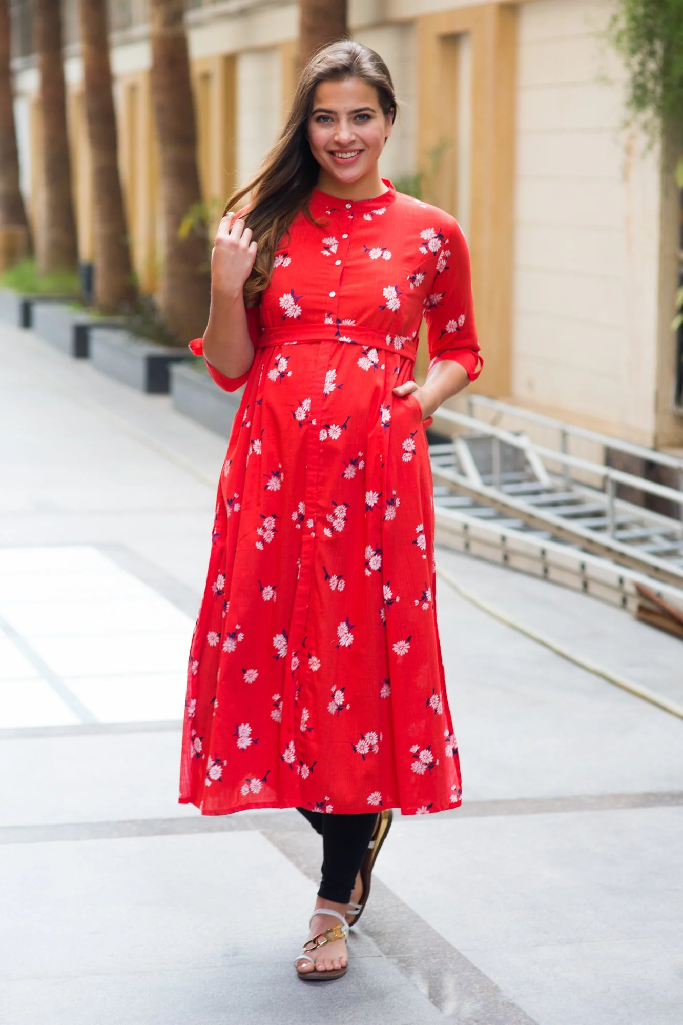 Loom Tangerine Floral Maternity and Nursing Kurta - Chenance