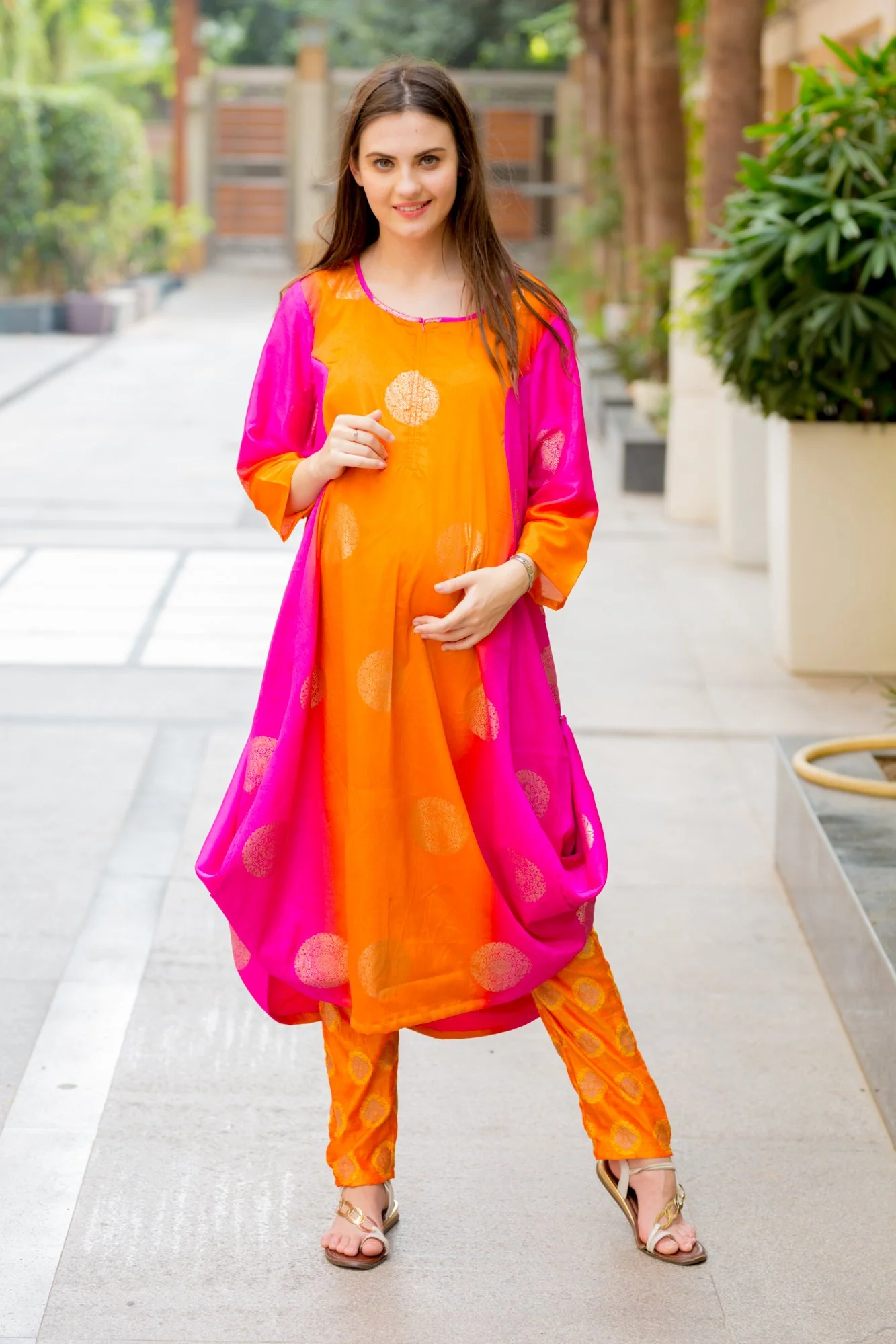 Tangerine Shaded Cowl Dual Nursing Dress Kurta - Chenance