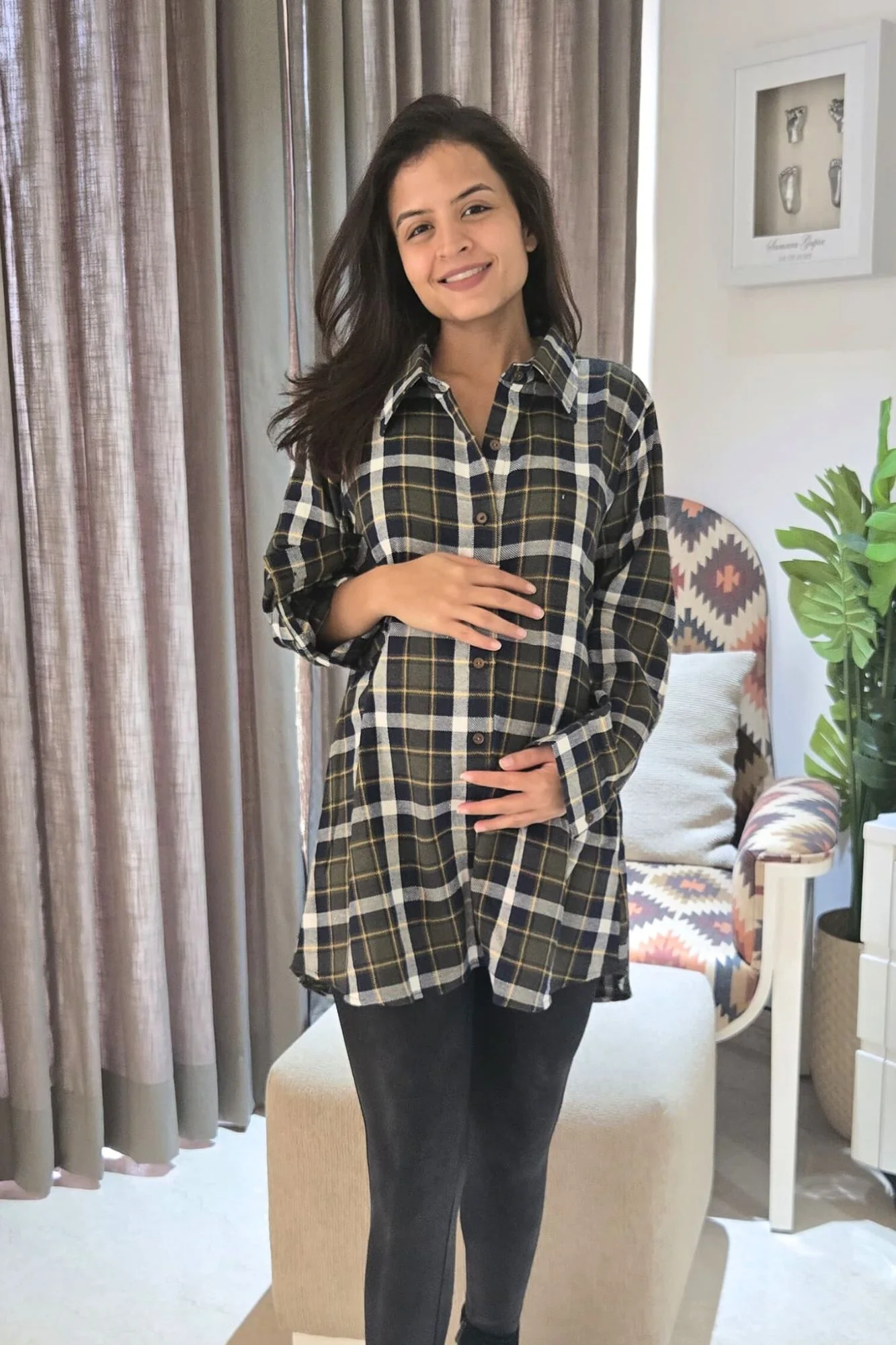 Dark Green Check Maternity & Nursing Top - Chenance