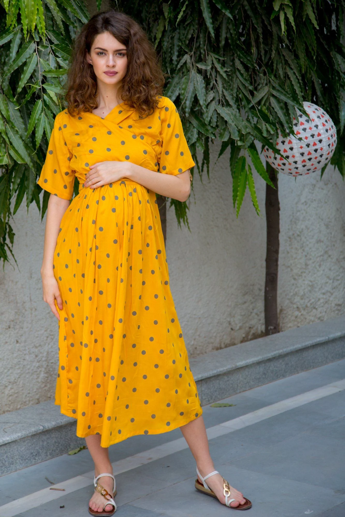 Sunrise Polka Maternity & Nursing Wrap Midi Dress - Chenance