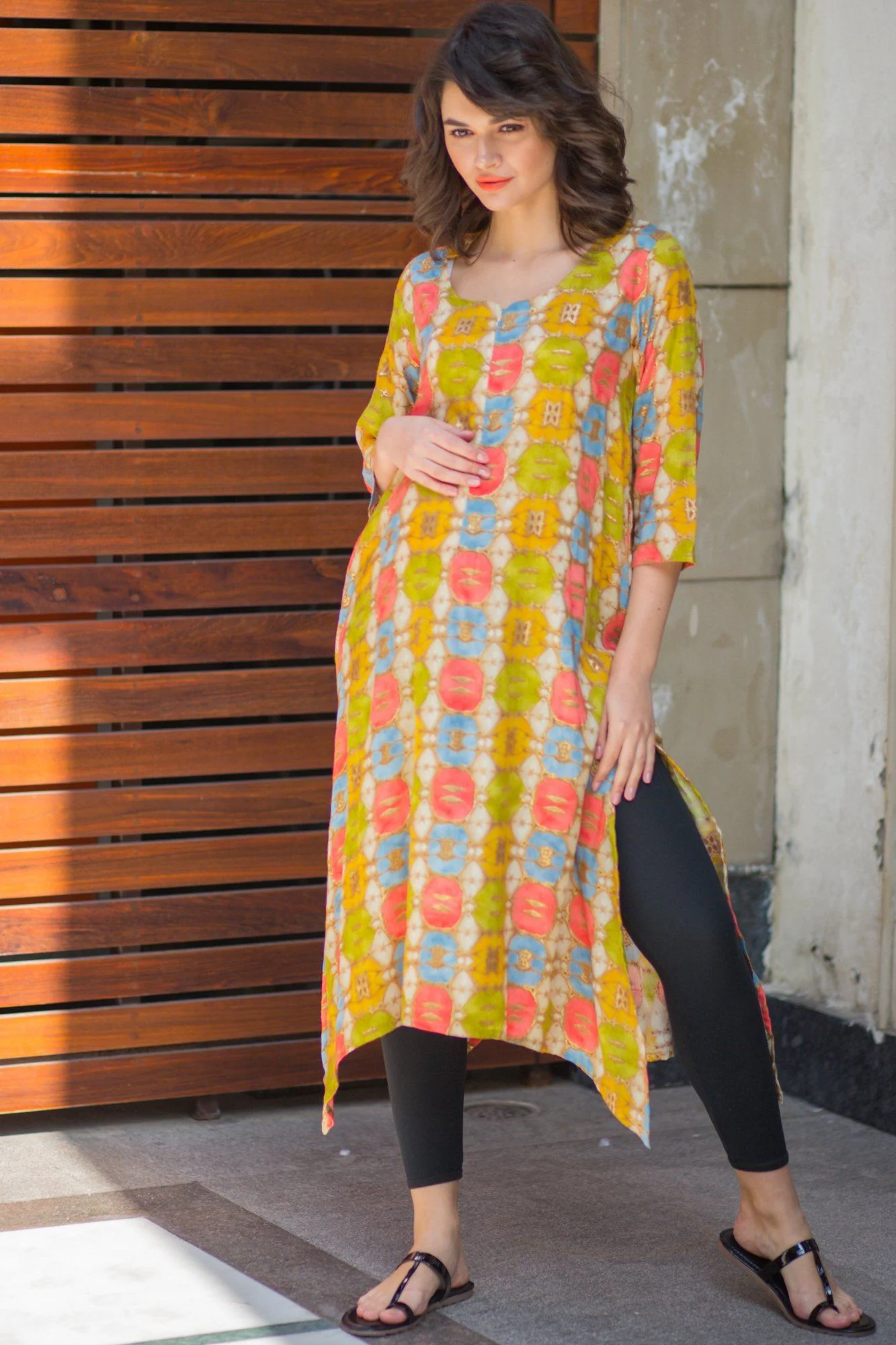Gold Embellished Printed Maternity & Nursing Kurta - Chenance