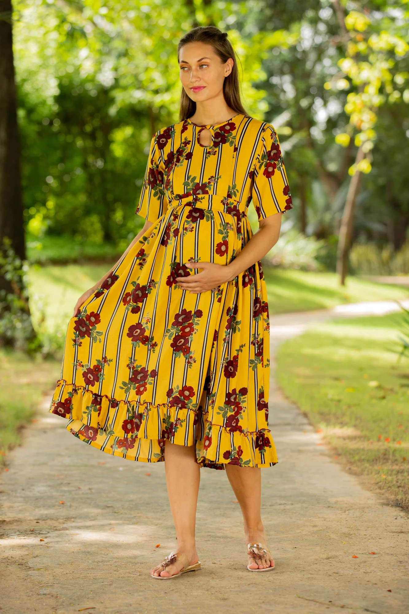 Sunshine Rouge Striped Concealed Zips Nursing Dress - Chenance