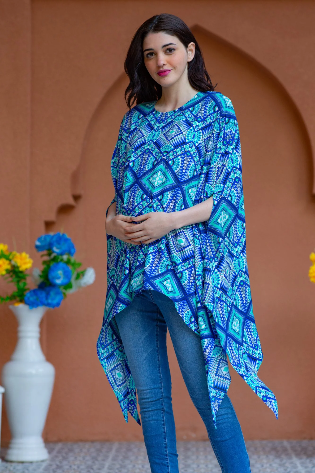 Free Size Aqua Aztec Maternity Poncho - Chenance