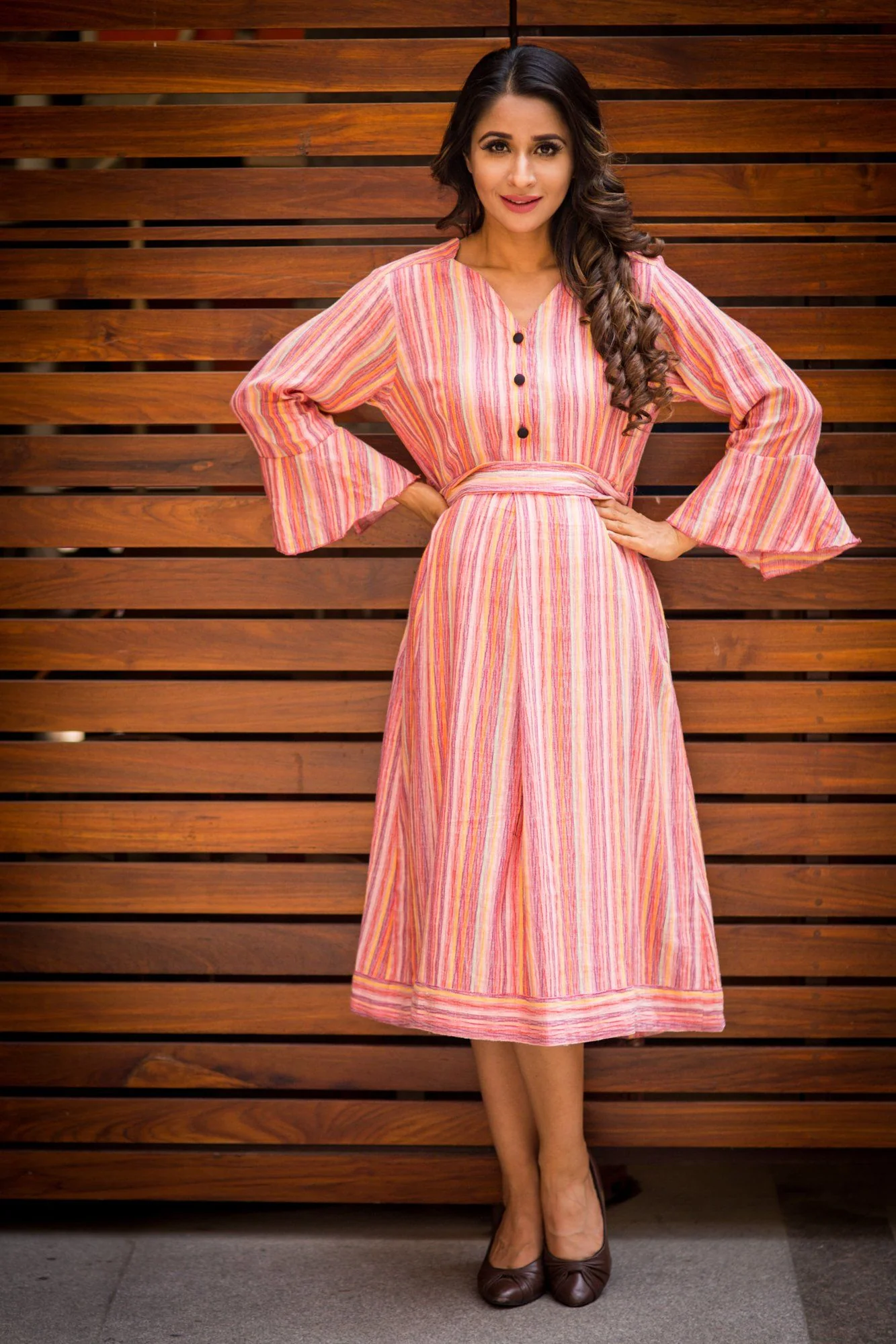 Multicolor Striped Linen Front Button Maternity & Nursing Dress - Chenance