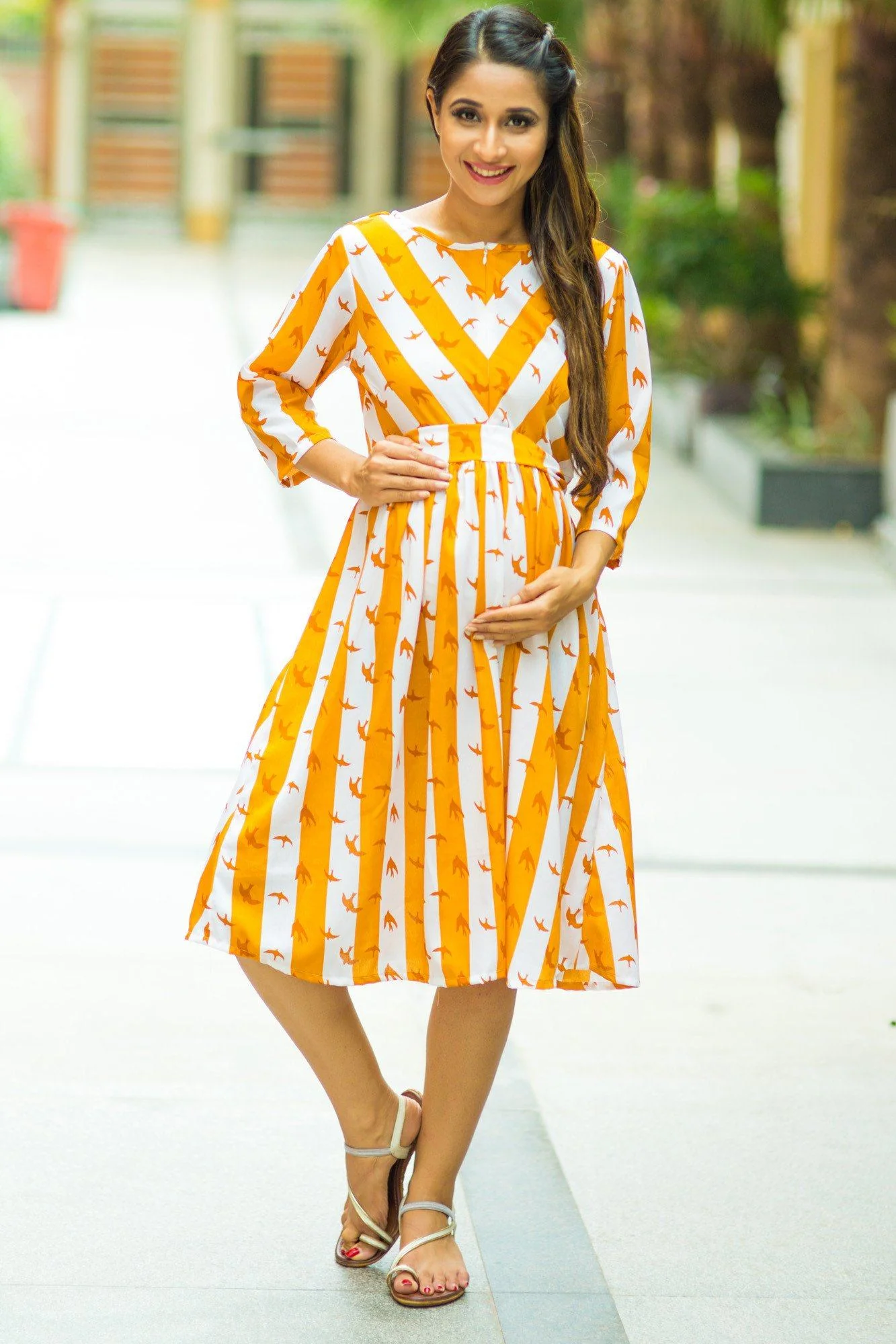 Chirpy Yellow Striped Nursing Crepe Dress - Chenance