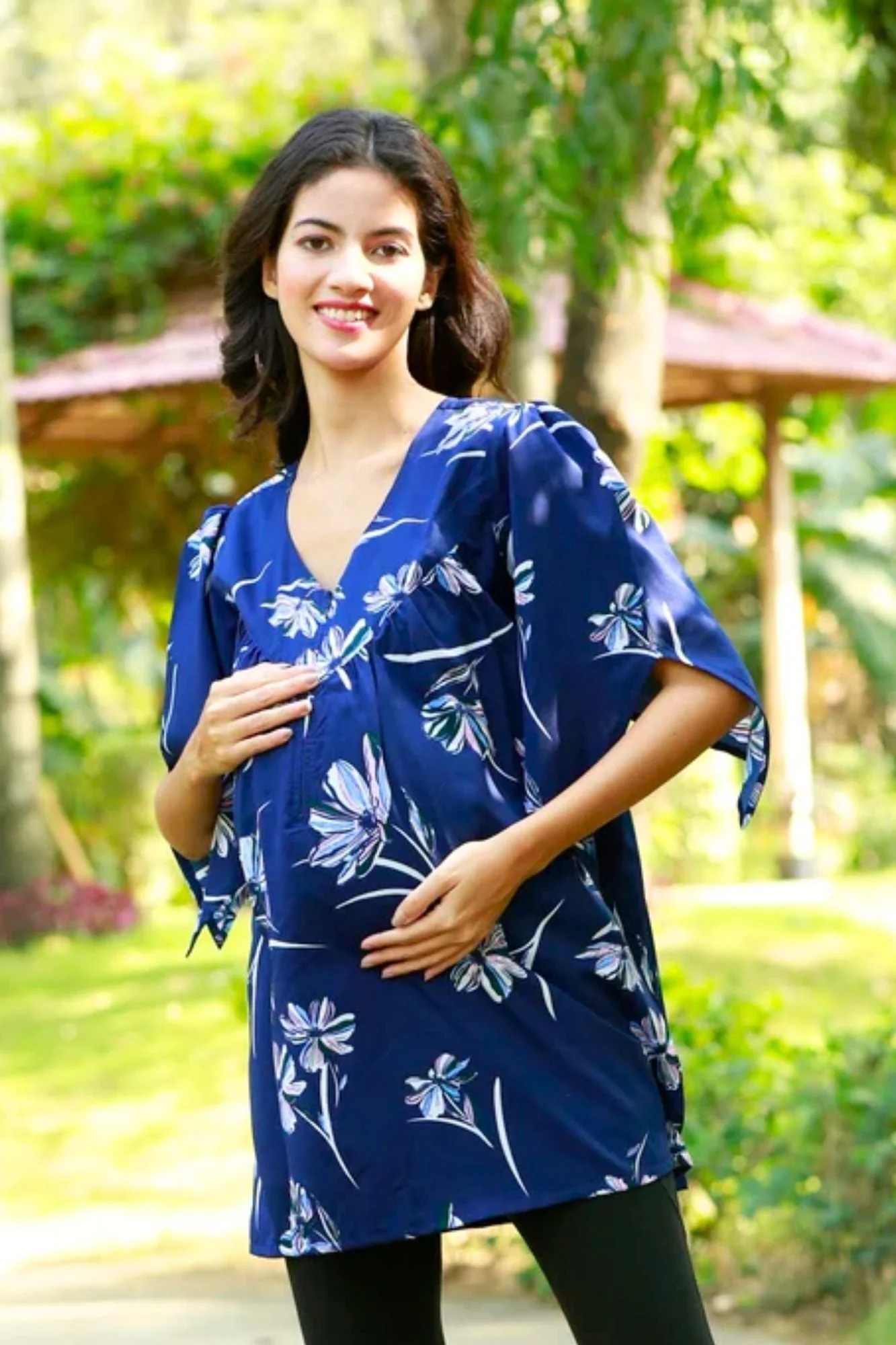 Serene Navy Blue Gathered Maternity & Nursing Top - Chenance