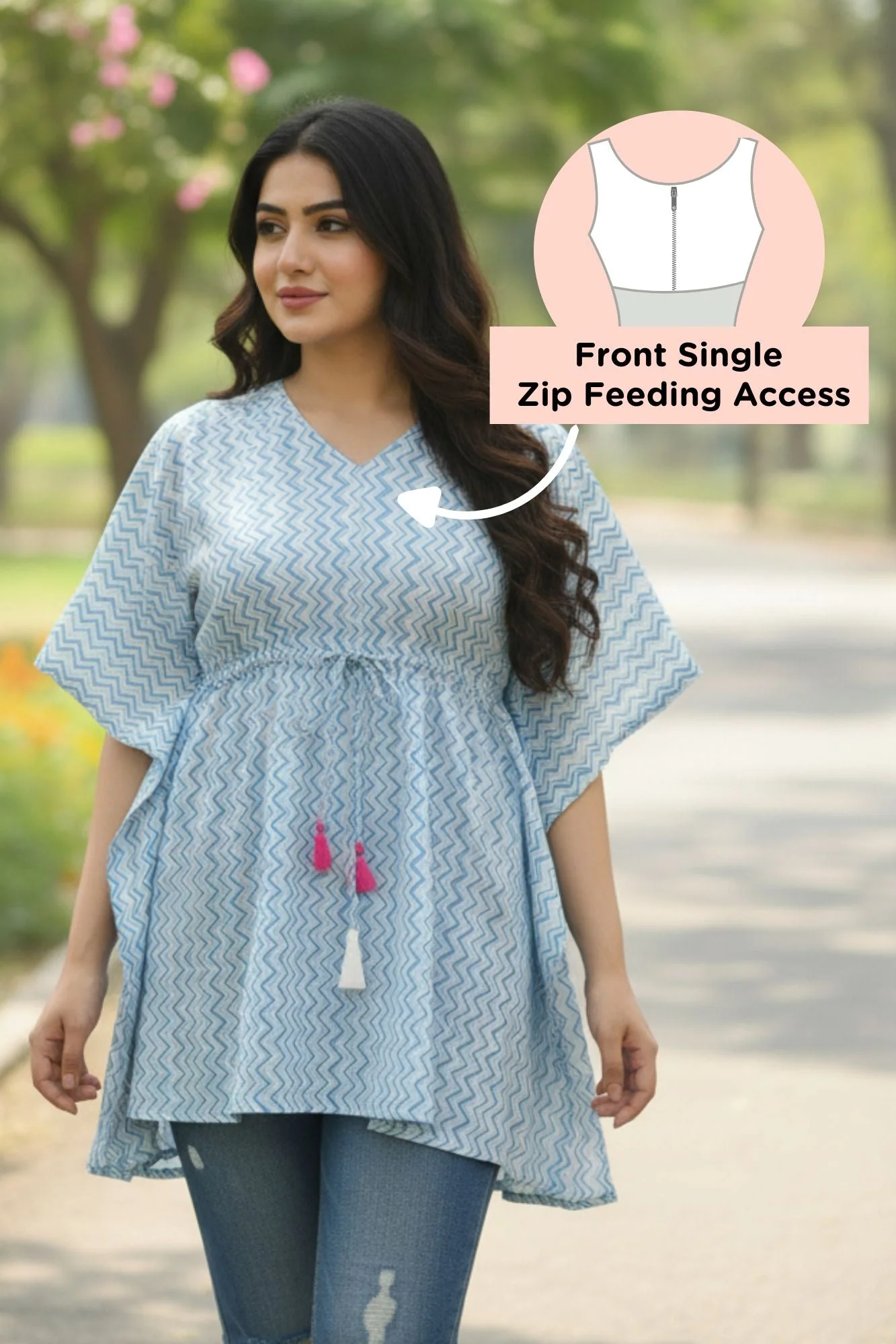 Light Blue Nautical Maternity & Nursing Kaftan Top (100% Cotton) - Chenance