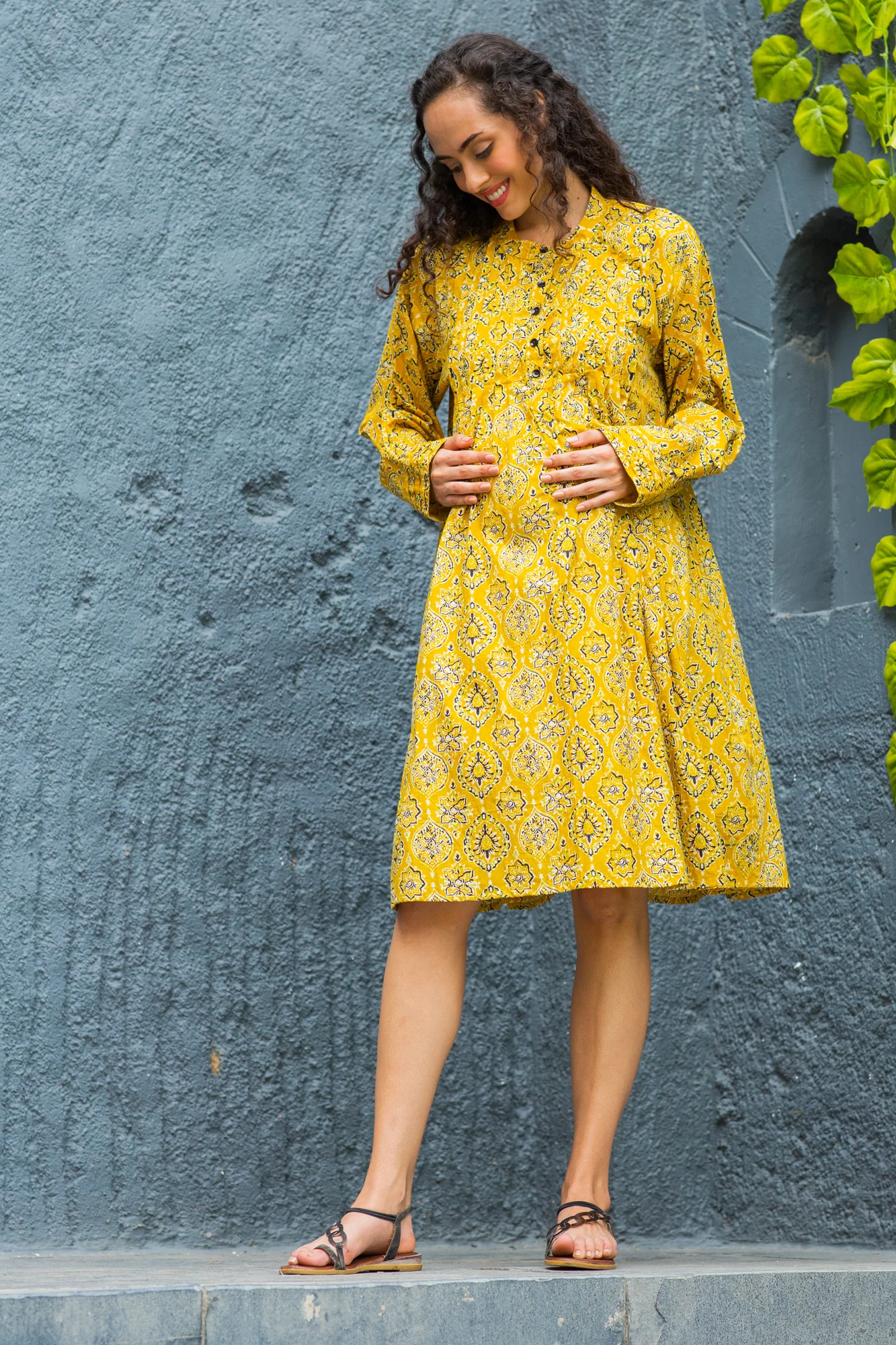 Chic Mustard Blossom Maternity & Nursing Pintucks Knee Dress - Chenance