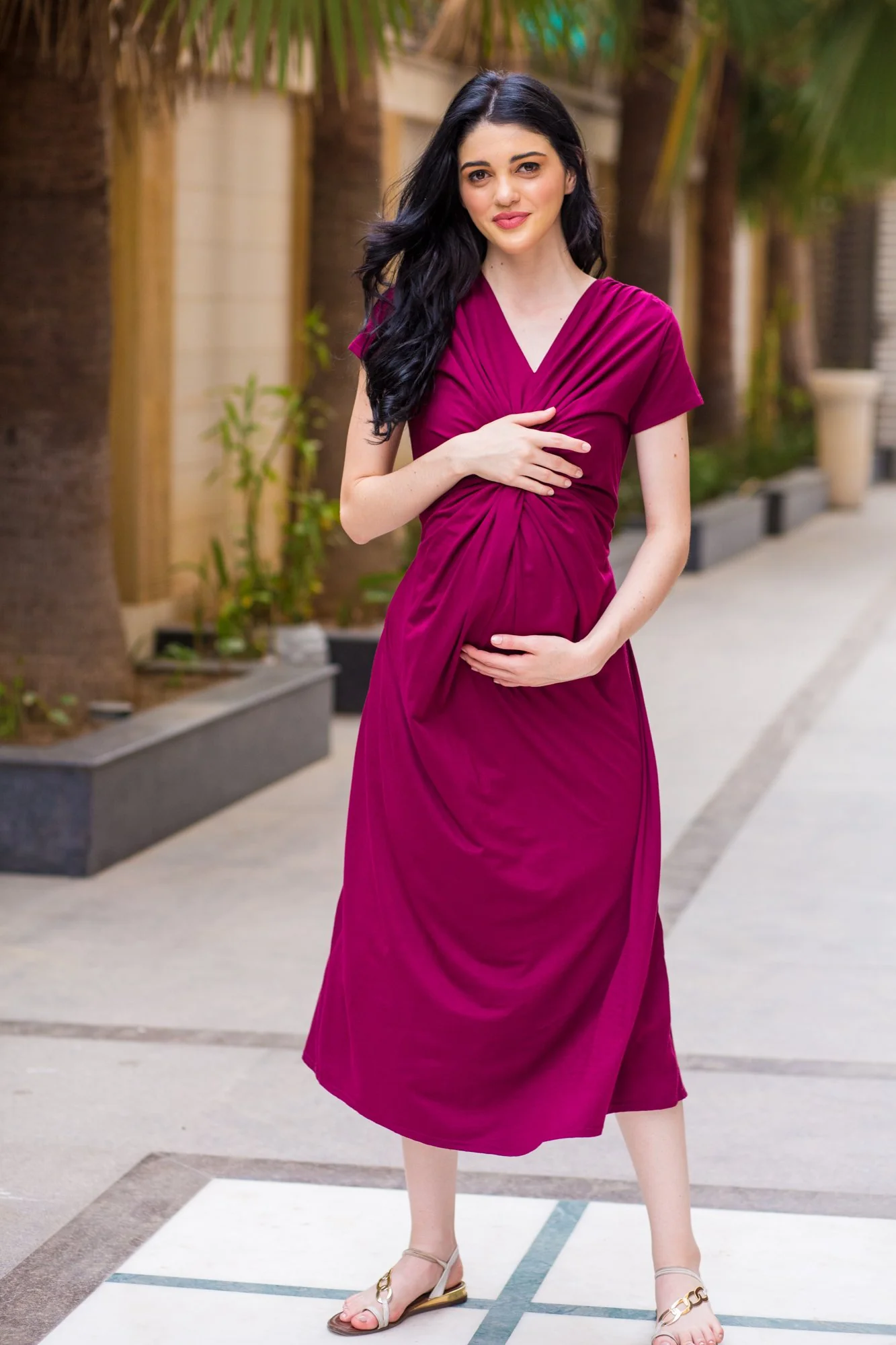 Maroon Berry Front Knot Lycra Maternity Dress - Chenance