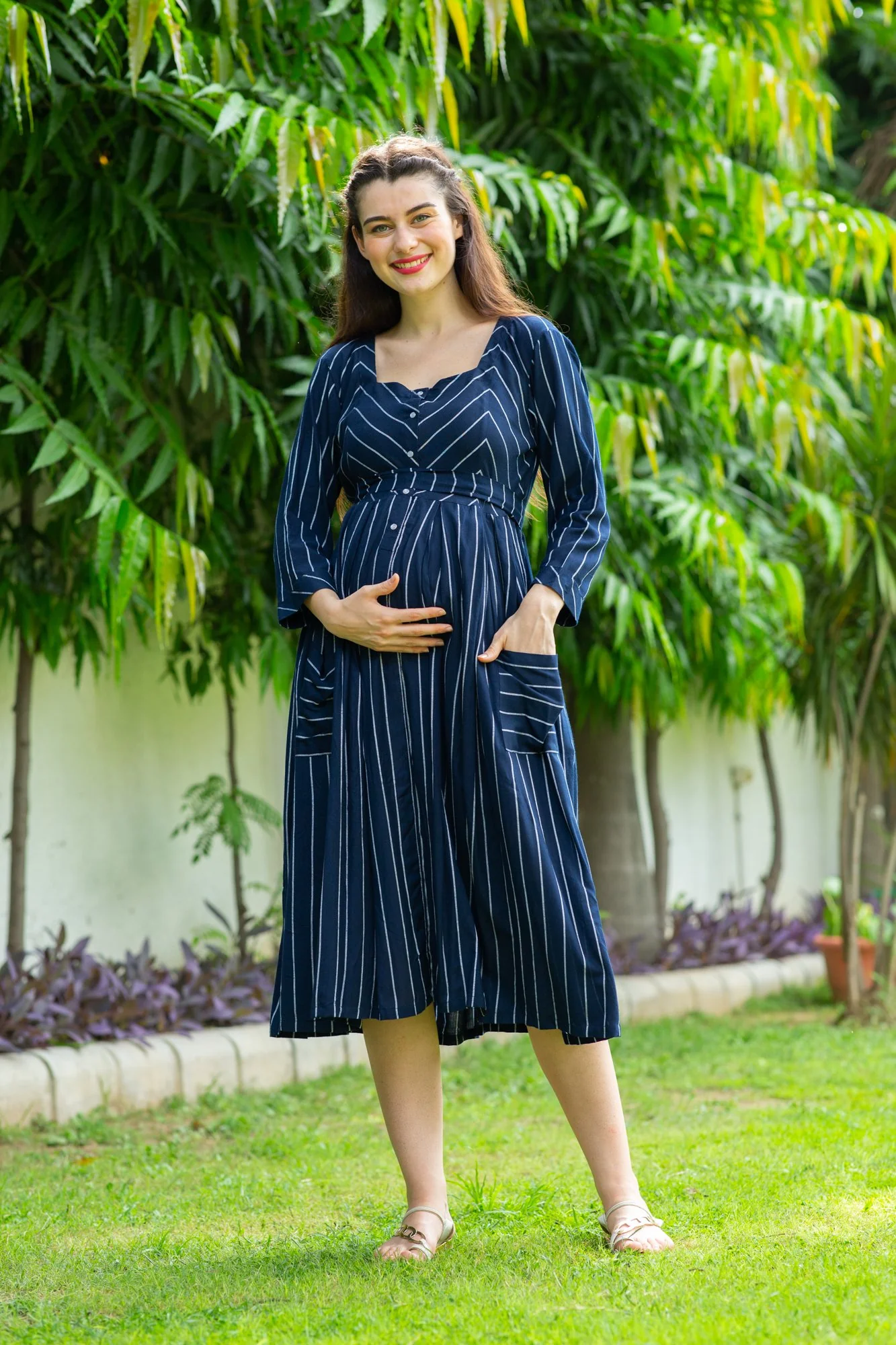 Ocean Striped Pocket Maternity & Nursing Dress - Chenance