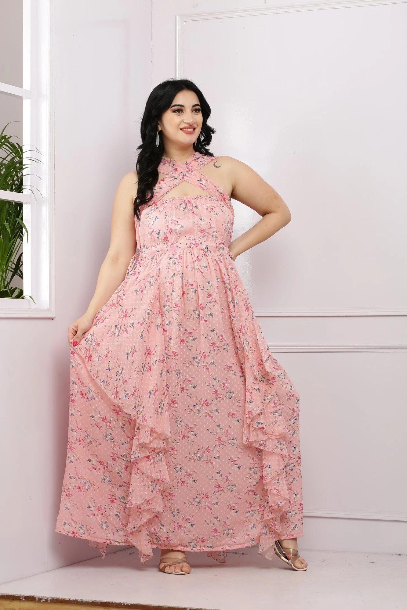 Classy Criss Cross Peach Floral Maternity & Nursing Flow Dress - Chenance